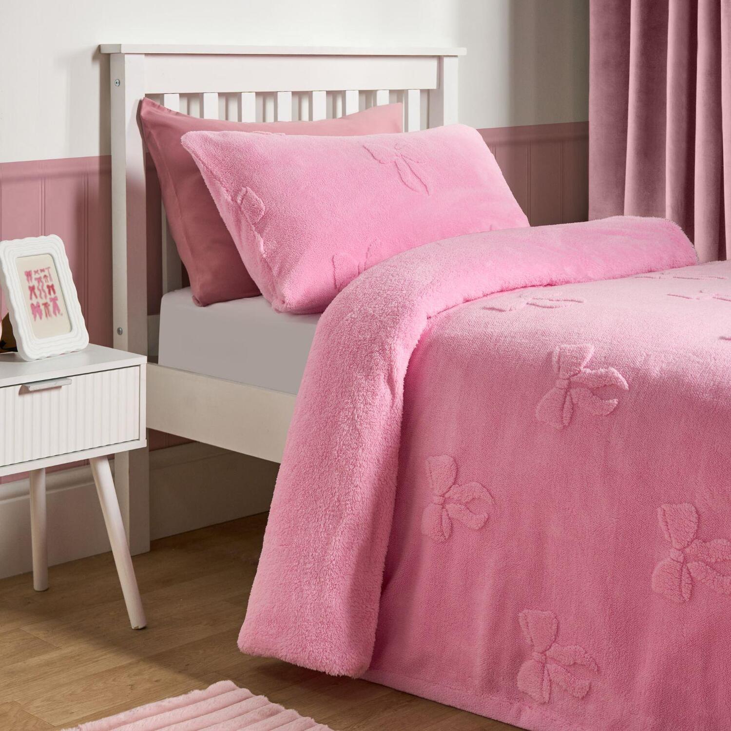 OHS Bows Tufted Teddy Fleece Super Soft Duvet Set with Pillowcase in Pink | Size: Double