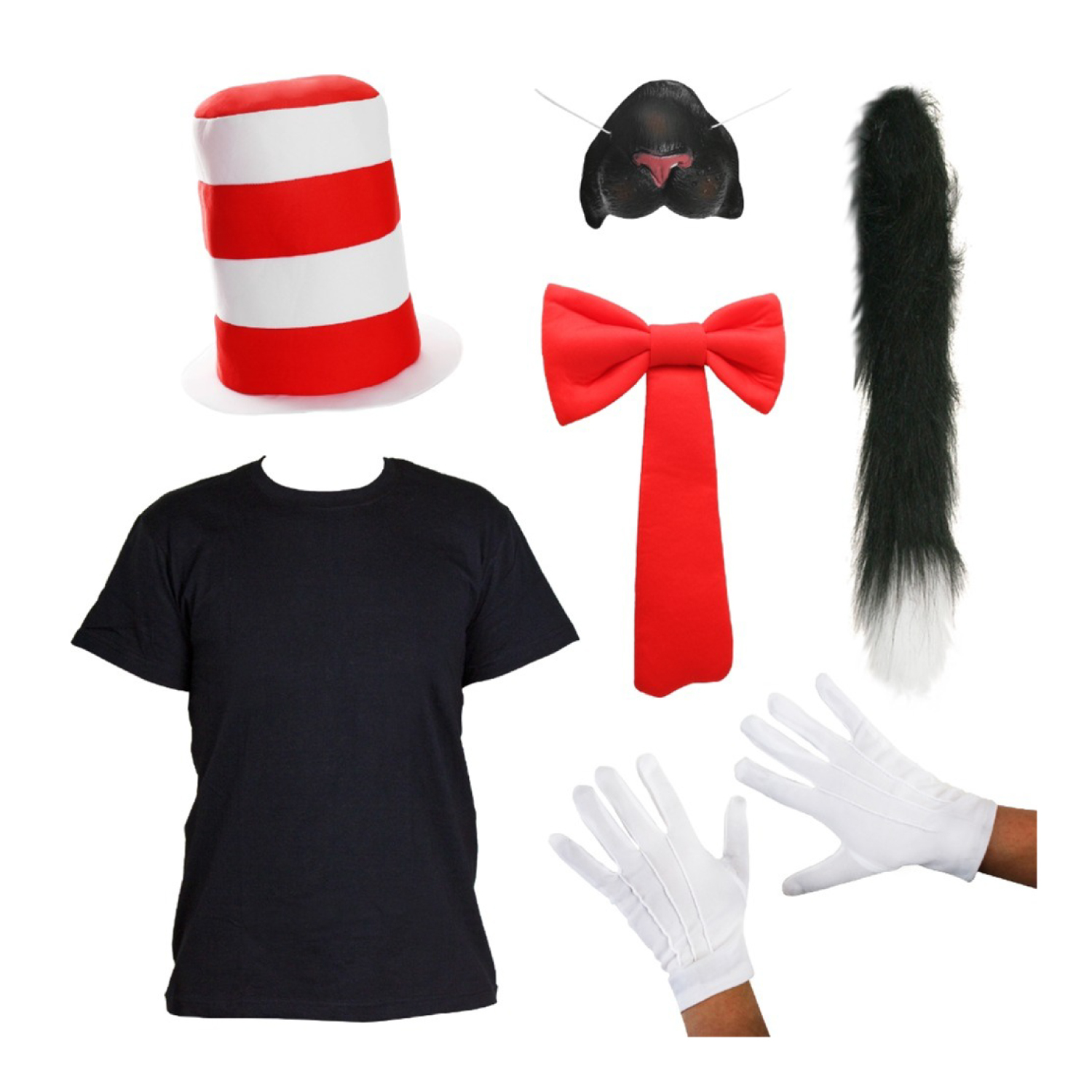 Crazy Cat Costume Set Black T-Shirt, Cat Nose, Fluffy Tail