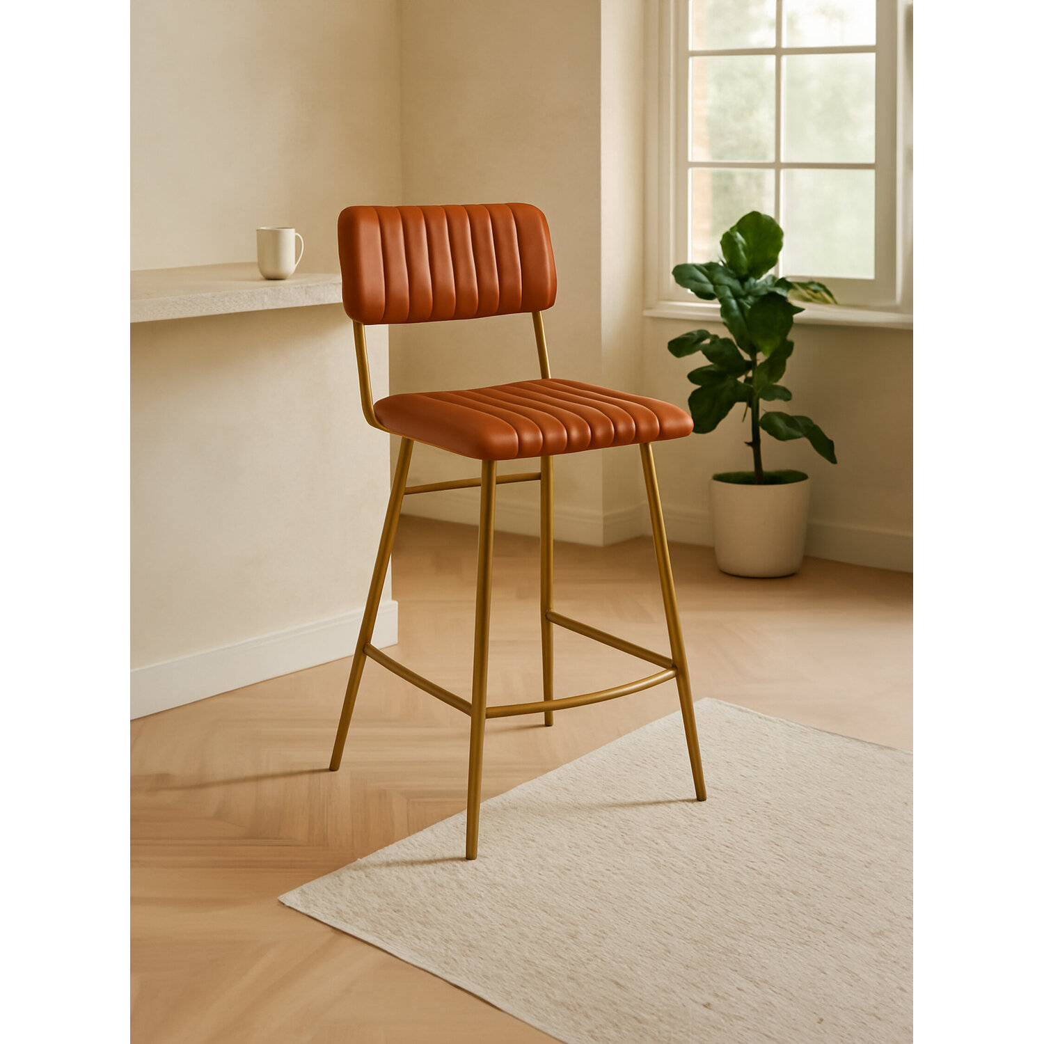 Buffalo Tan Leather Bar Chair With Gold Finish Frame - Red