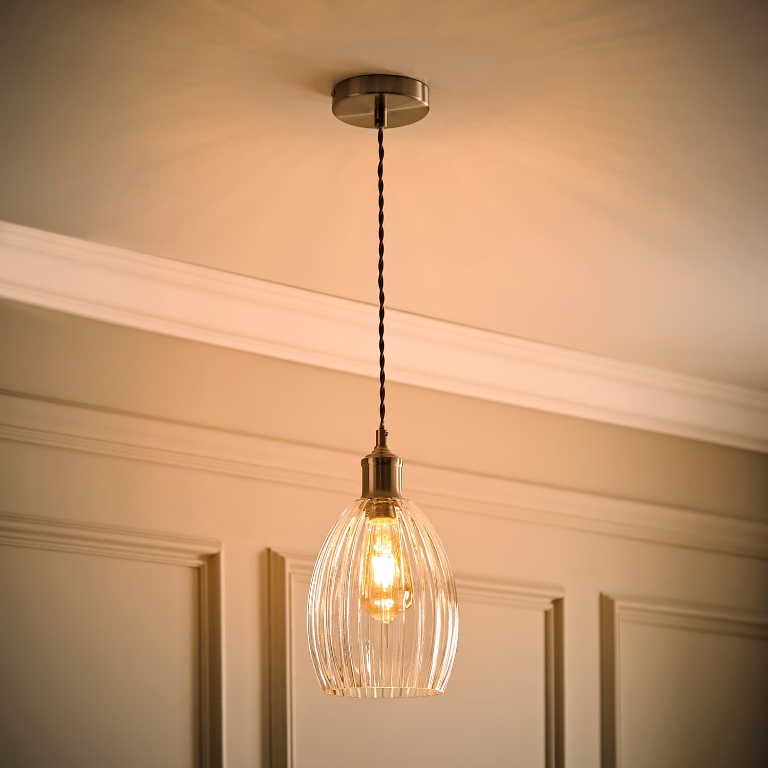 Valuelights Cheltenham Ceiling Pendant Light With Ribbed Shade - Brushed Chrome / 1