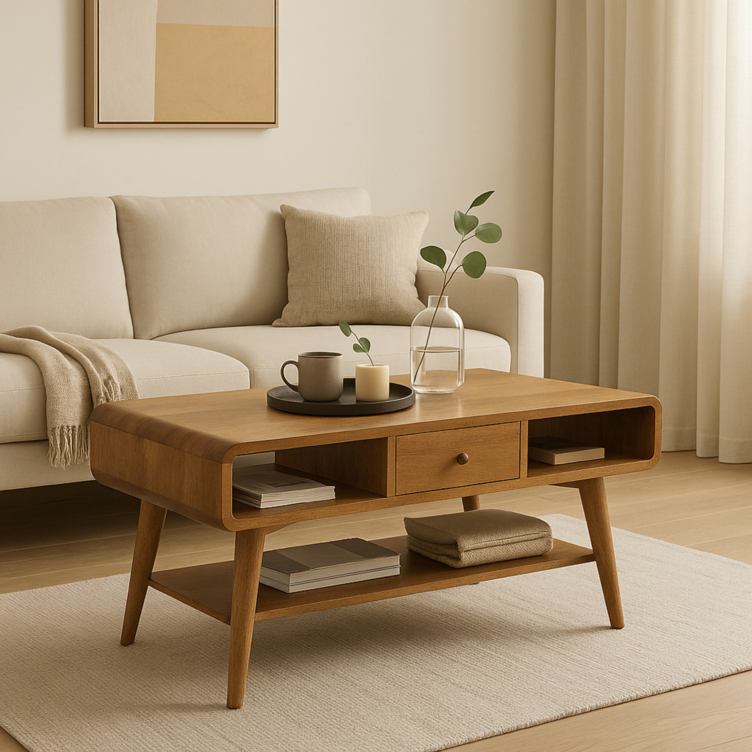 Artisan Furniture Solid Wood Curved Oak-Ish Coffee Table - Beige