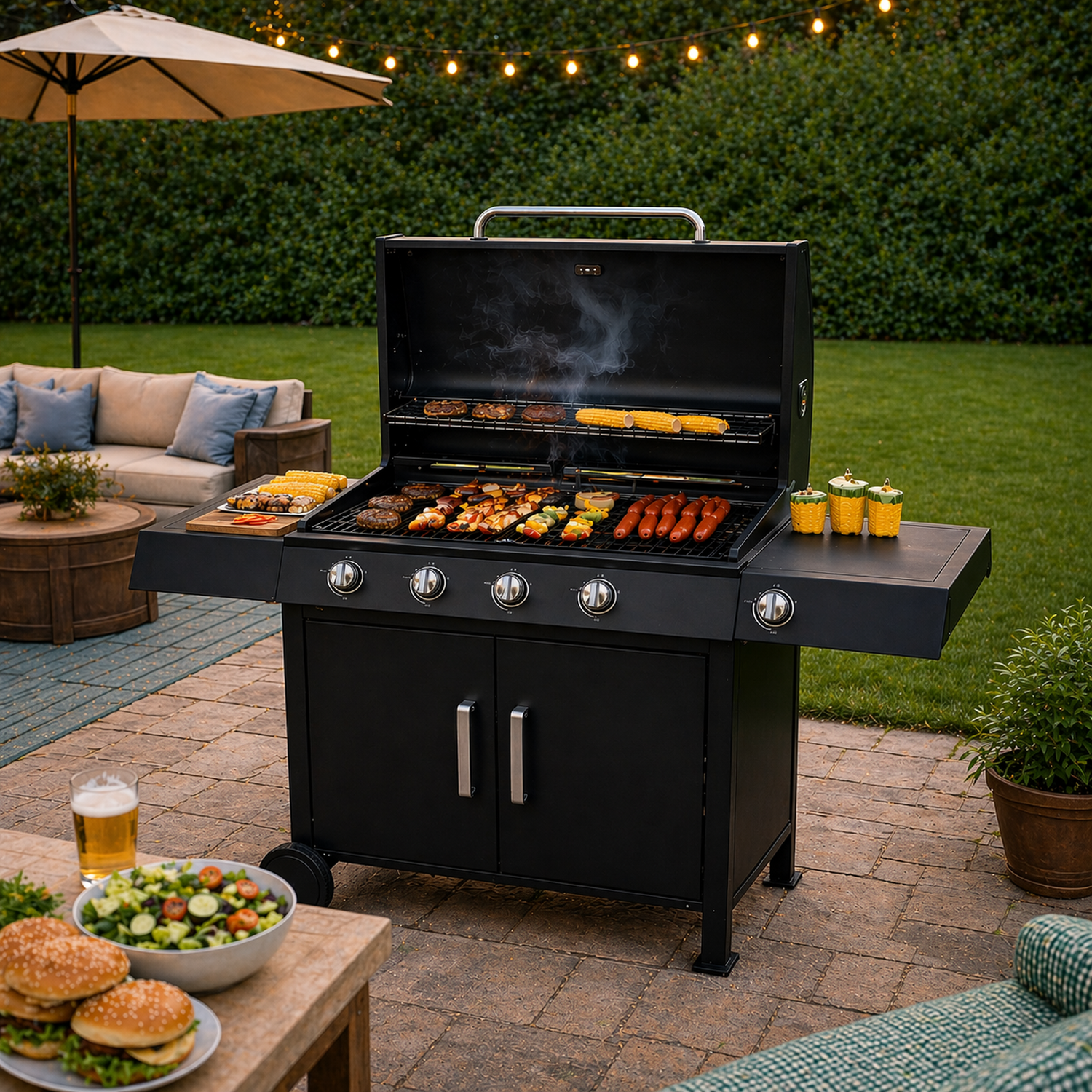 5 Burner Gas Barbeque With Warming Grill And Regulator Gauge - Black