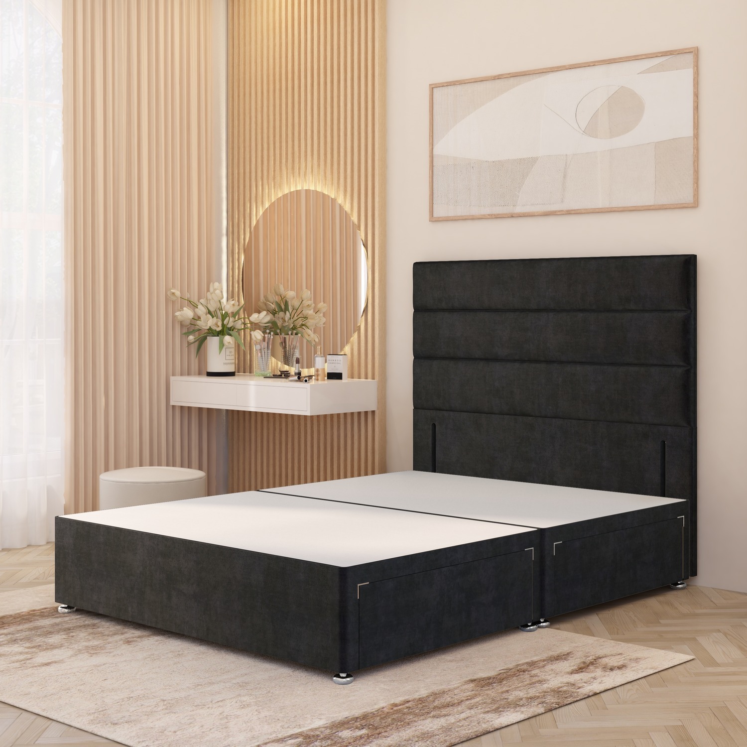 Horizona Velvet Divan Bed Base With 54 Floor Standing Headboard And Drawers - Black Super King 52kg