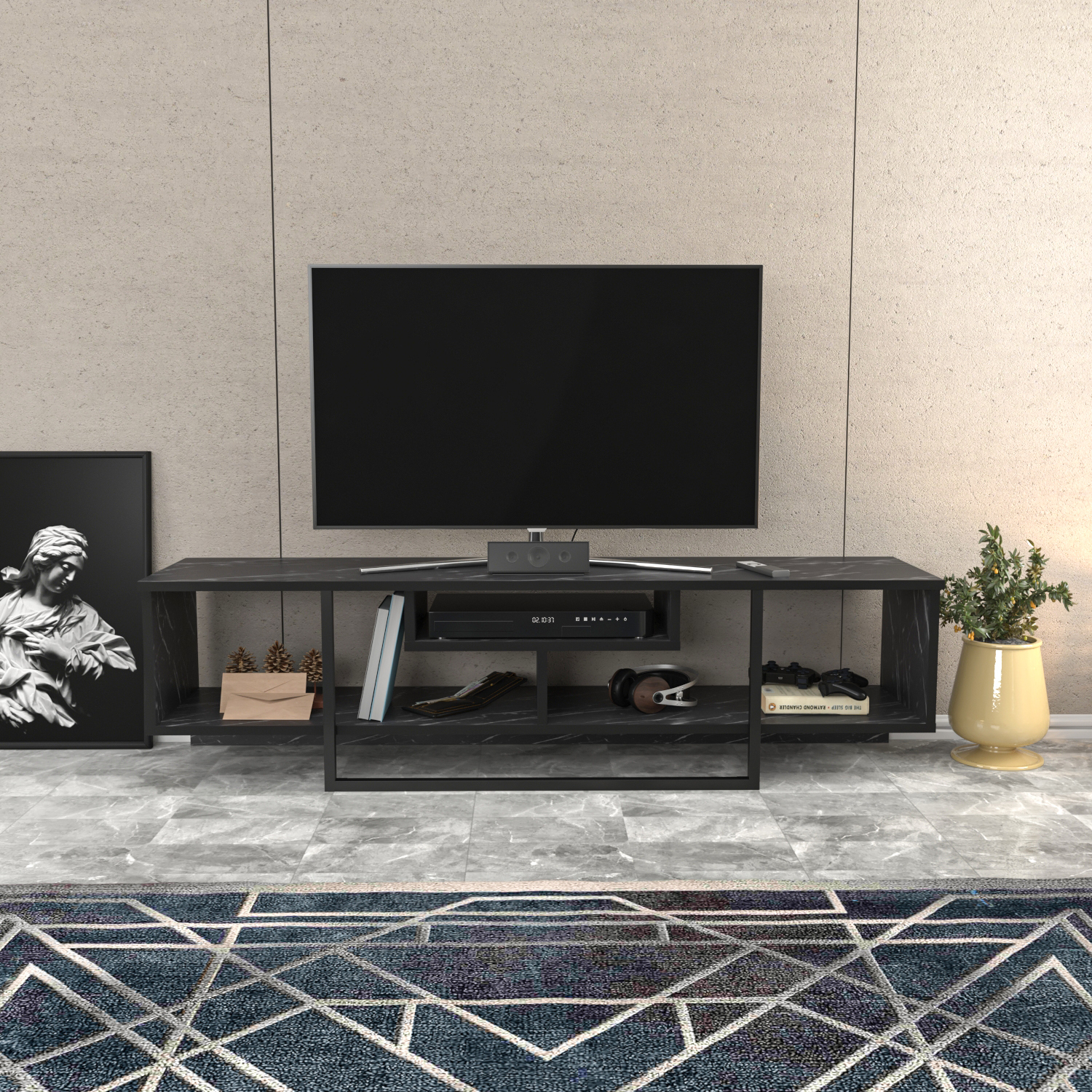 Decorotika Asal Tv Unit - Black And Black Marble Effect / 150Cm