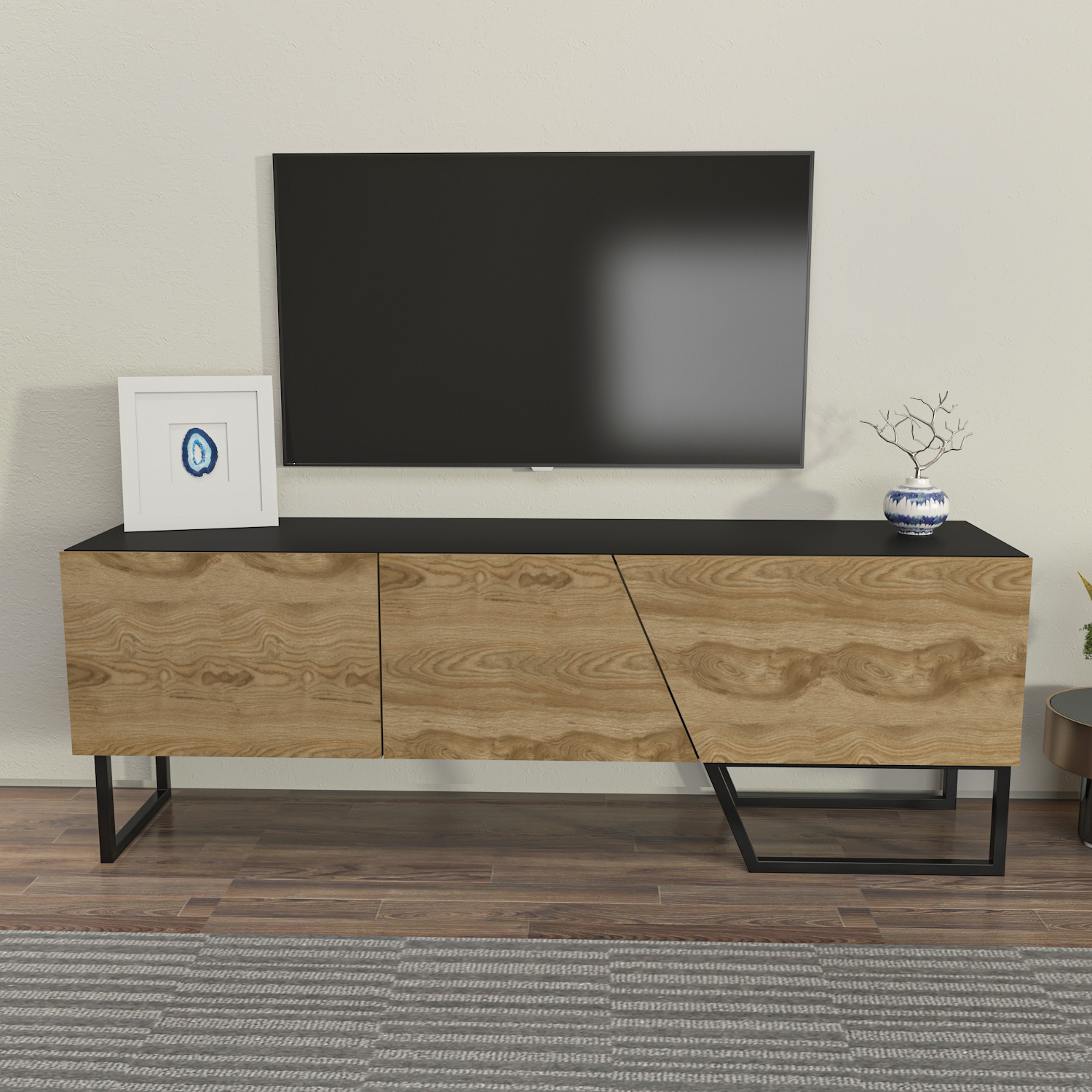 Parla Modern TV Unit TV Stand - Black & Oud Oak Pattern