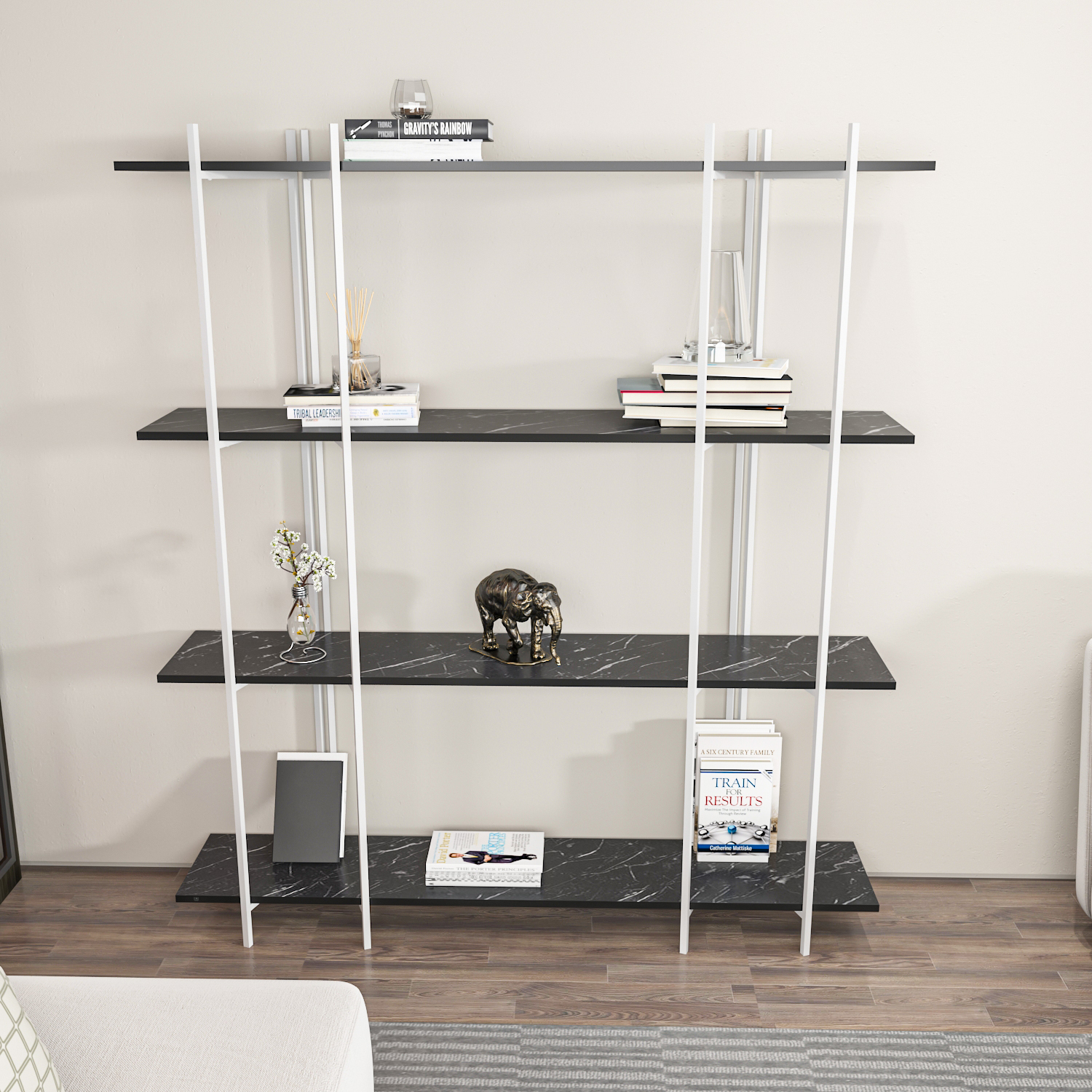 Moss 4-Tier Industrial Bookshelf - Black Marble Effect and White