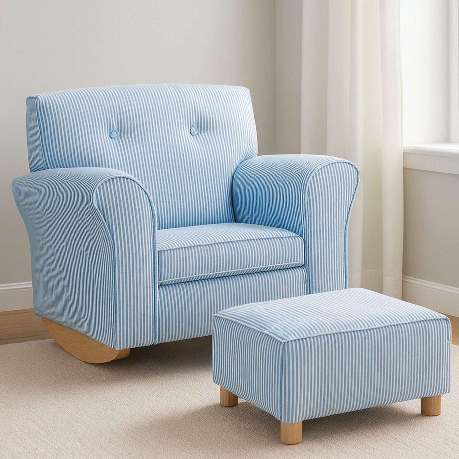 Orsina Kids Blue And White Stripe Rocking Chair With Footstool - White, Blue
