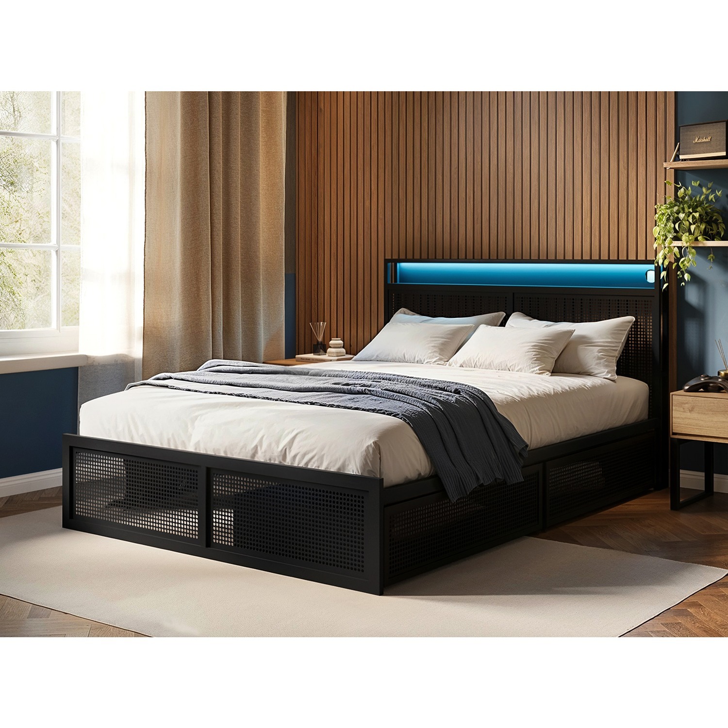Flair Callan Metal Bed With Storage & Led Black - Black