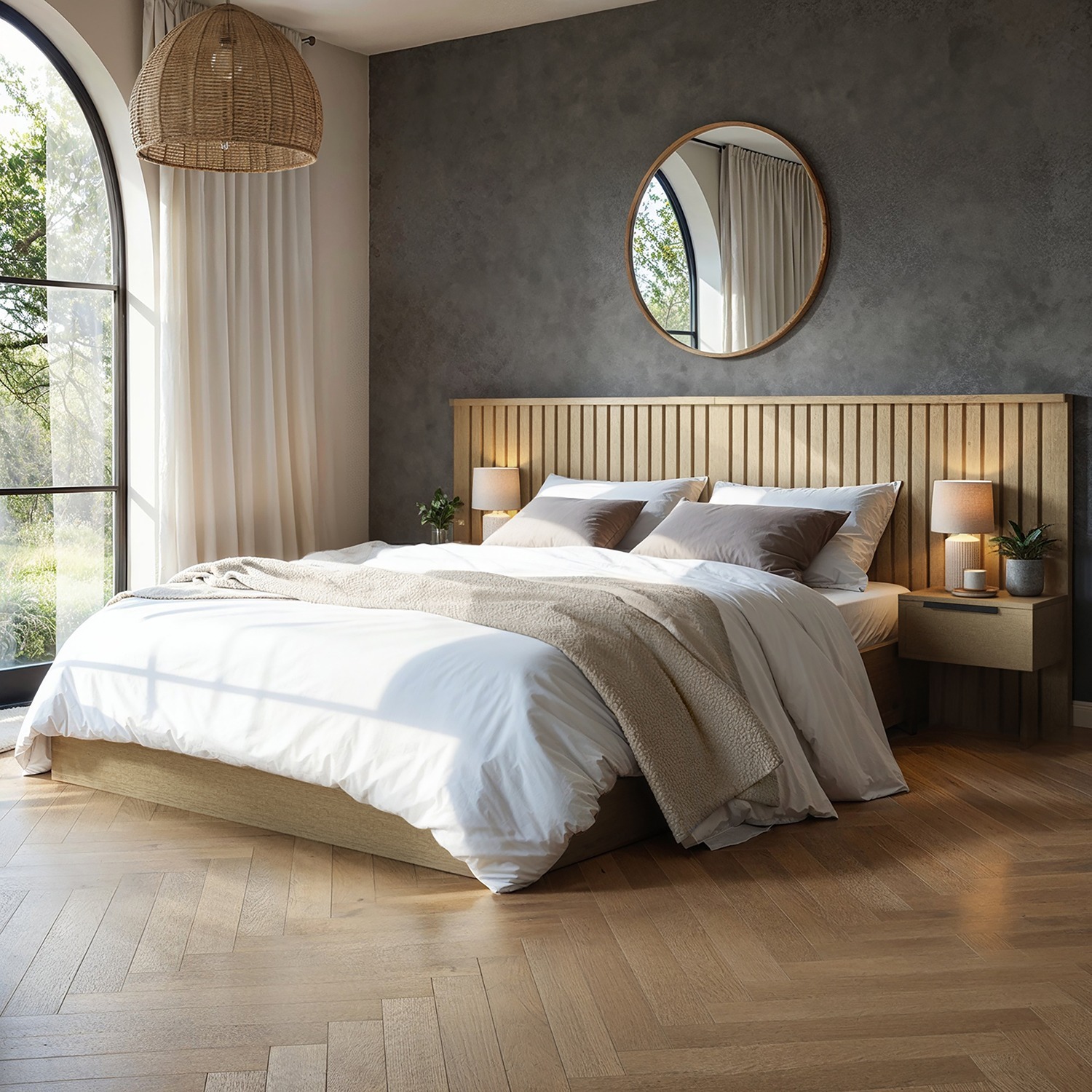 Solace+Co Taylor Ottoman Bed With Side Tables Light Wood Double, Brown