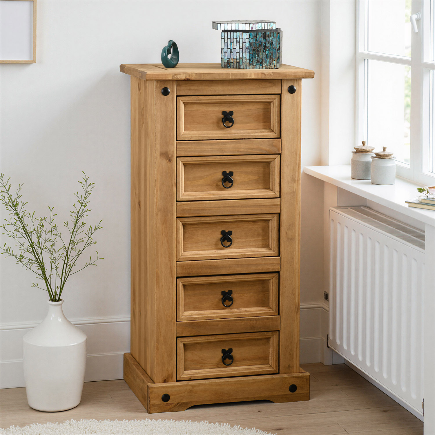 Seconique Corona 5 Drawer Narrow Chest Distressed Waxed Pine - Distressed Waxed Pine