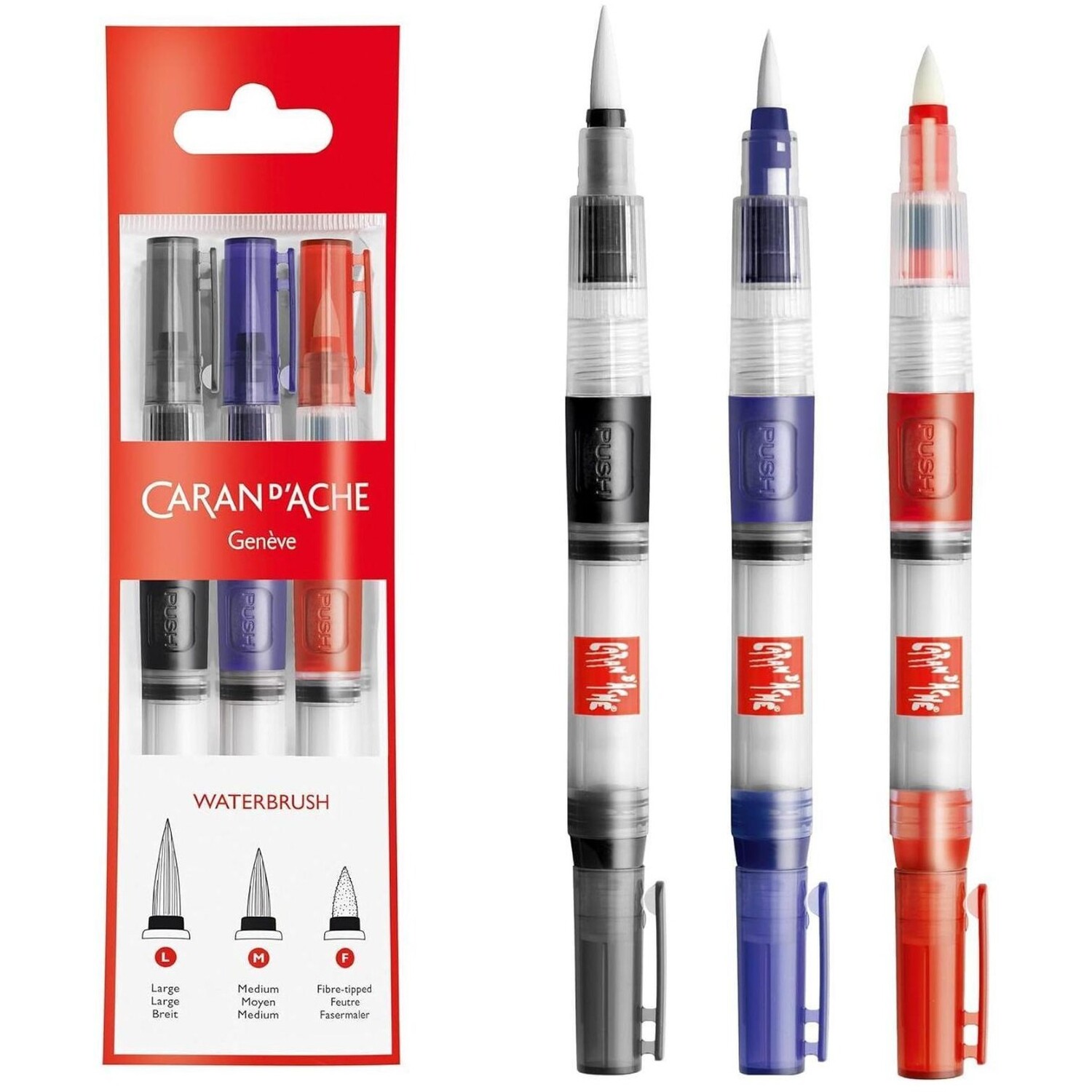 Caran D'ache Water Brush Pack Of 3 - Large, Medium & Fibre Tips (Ref 0115-201/202/203) - Assorted Colours