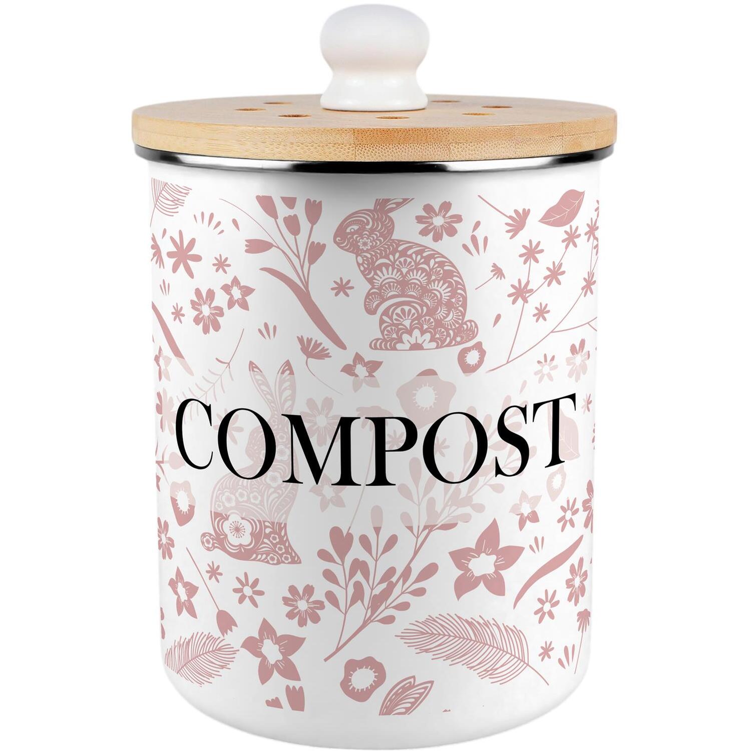 Purely Home Pink Wild Rabbits Compost Caddy - Pink Metal 2L Decorative Kitchen Food Waste Bin - Pink