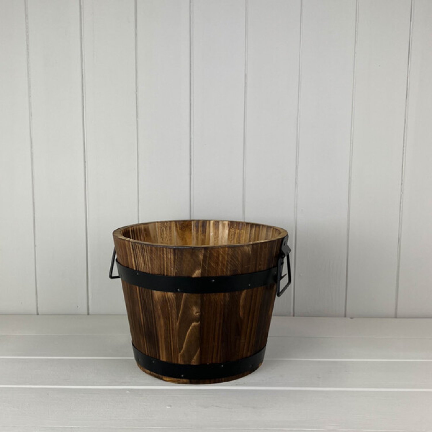 Kdmd Rustic Brown Wooden Barrel With 2 Metal Bands And Handles - Brown