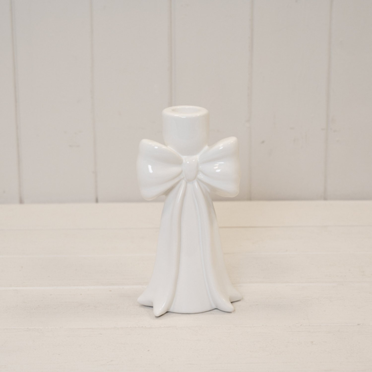 White Tall Draping Bow Candle Holder - White