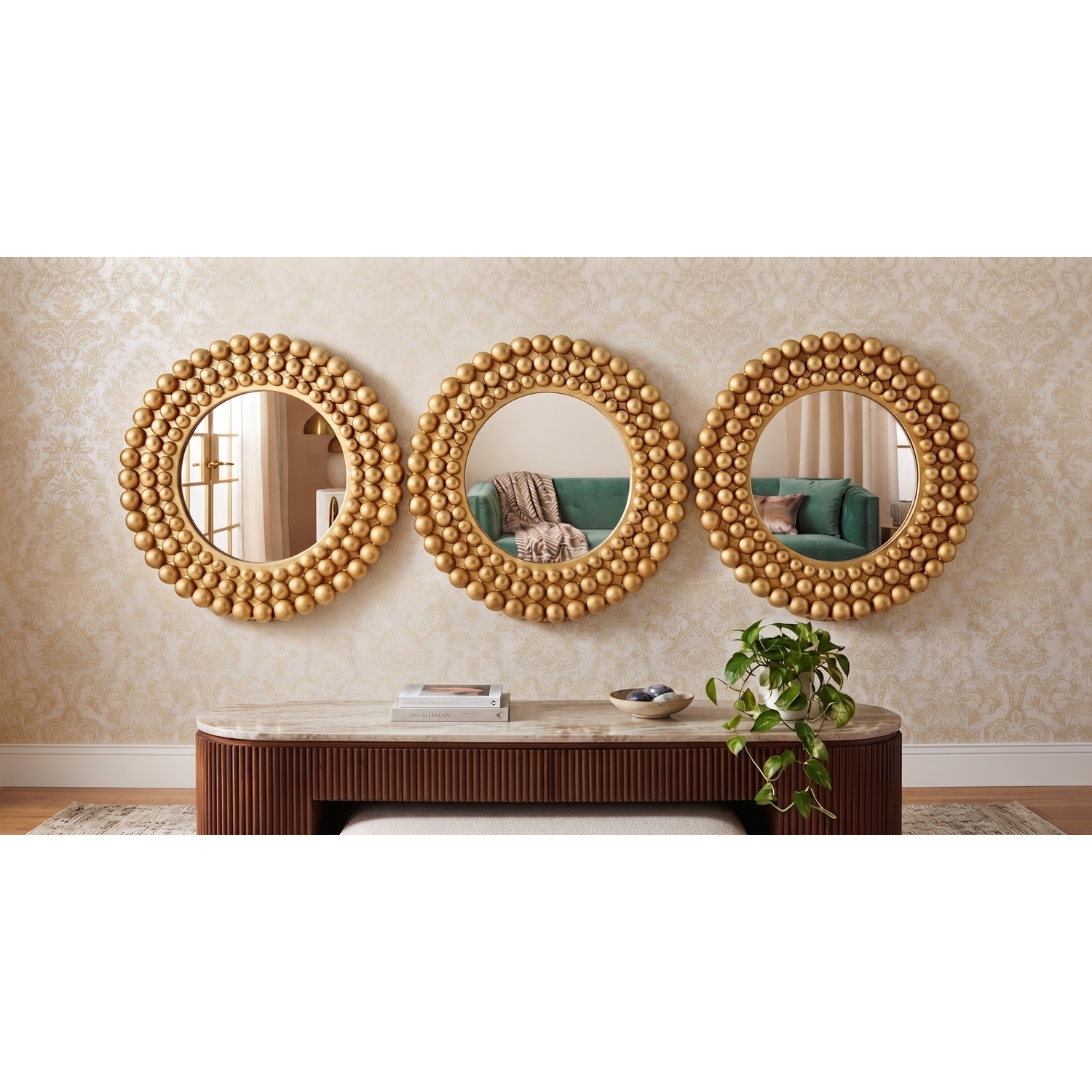 Biznest 3X Round Gold Beaded Wall Mirror Plastic Frame 25Cm - Golden
