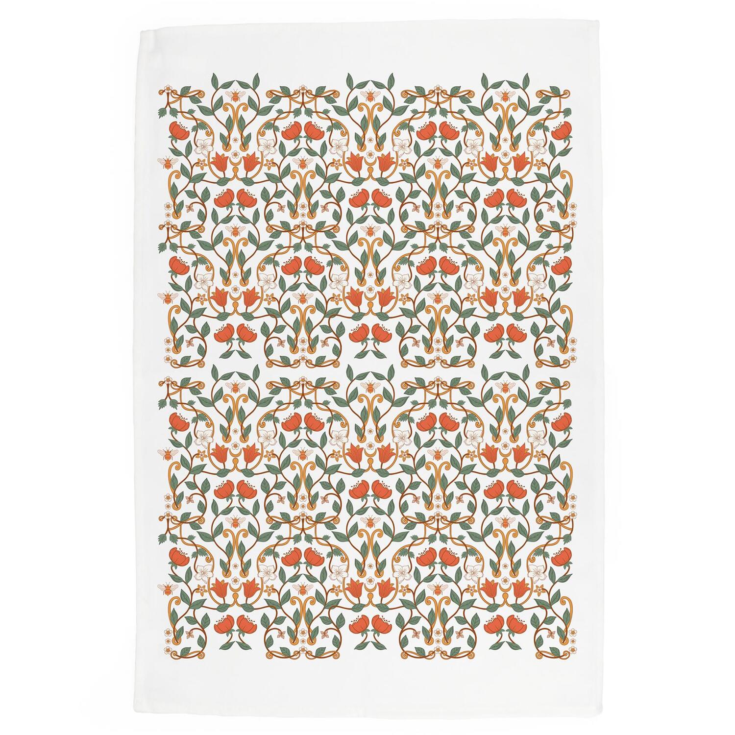 Purely Home Morris Tea Towel - Orange & Green Vintage Floral Print - Panama Cotton Kitchen Dish Towel/Drying Cloth - 67cm x 45cm - Image 3