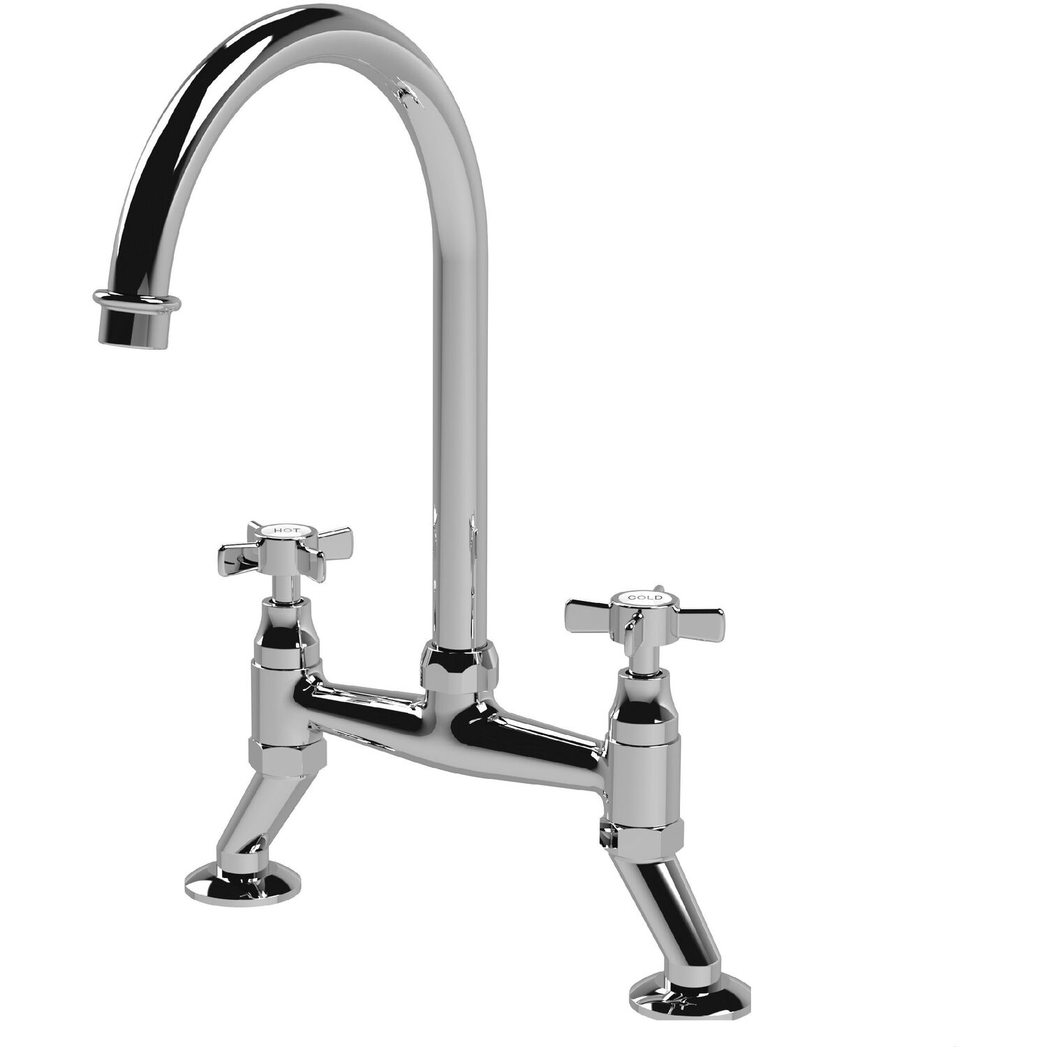 Balterley Kitchen Curved Spout Deck Mounted Crosshead Dual Handle Bridge Kitchen Sink - Chrome - Chrome - Image 2
