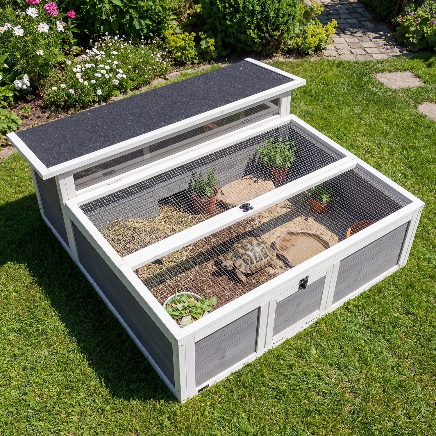 Pawhut Dark Grey Wooden Tortoise House, Tortoise Enclosure With Clear Observation Window, Top Opening, Multiple Doors, Galvanised Mesh - Image 2