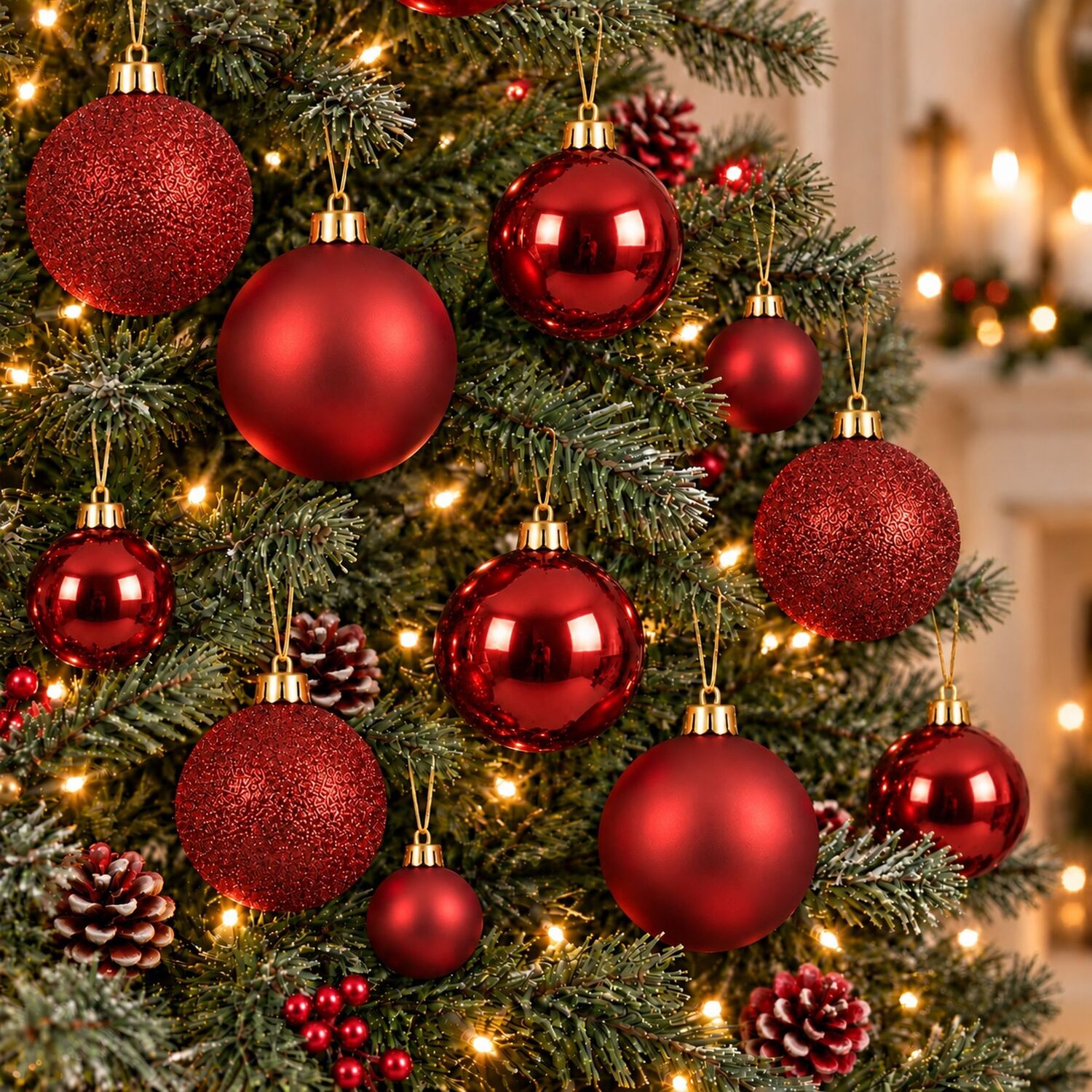 30 Christmas Tree Baubles Red Shatterproof Ornaments Assorted Sizes & Finishes - Image 3