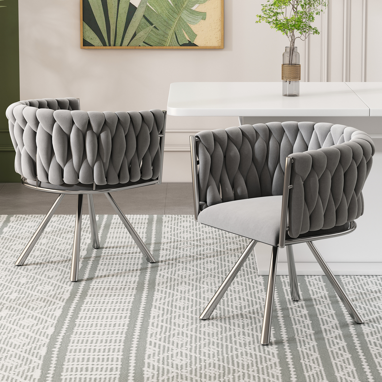 Aka Velvet Luxurious Swivel Chair With Four Metal Legs, Grey & Silver, Set Of 2 - Grey+Silver