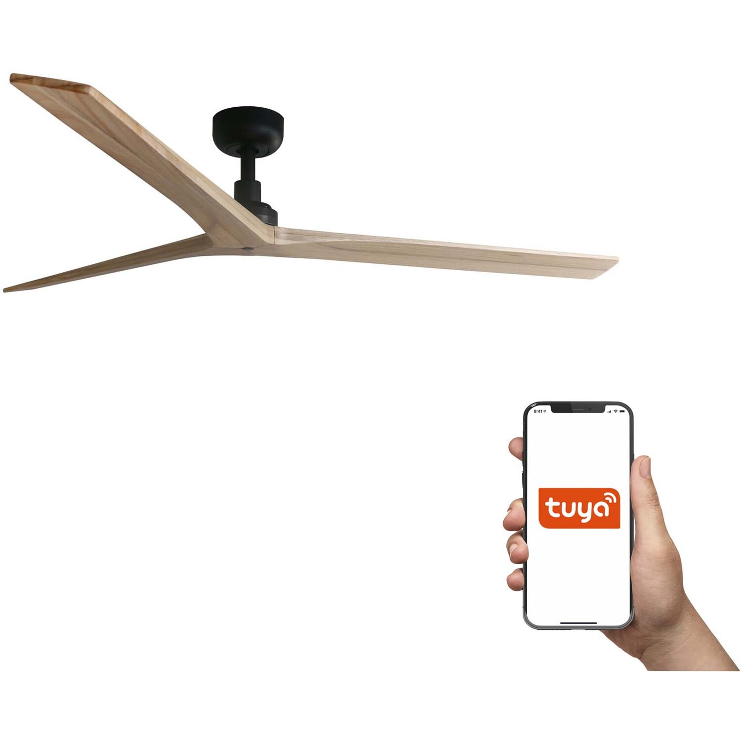 B&Q - Luminosa Klim Large 3 Blade Ceiling Fan Matt BlackPine Wood Tuya Smart System - Image 2
