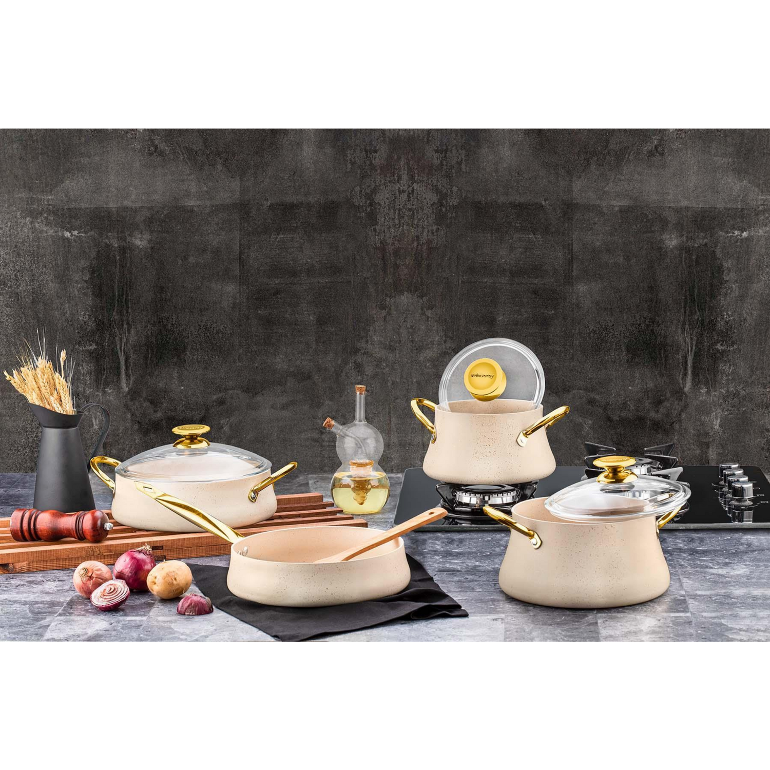 Rackhams Cream Dora Collection 7-Piece Non-Stick Granite Cookware Set (Cream) - Image 2