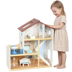 AIYAPLAY Kids Wooden Dolls House 3 Story with 5 Rooms, 11 Accessories, White