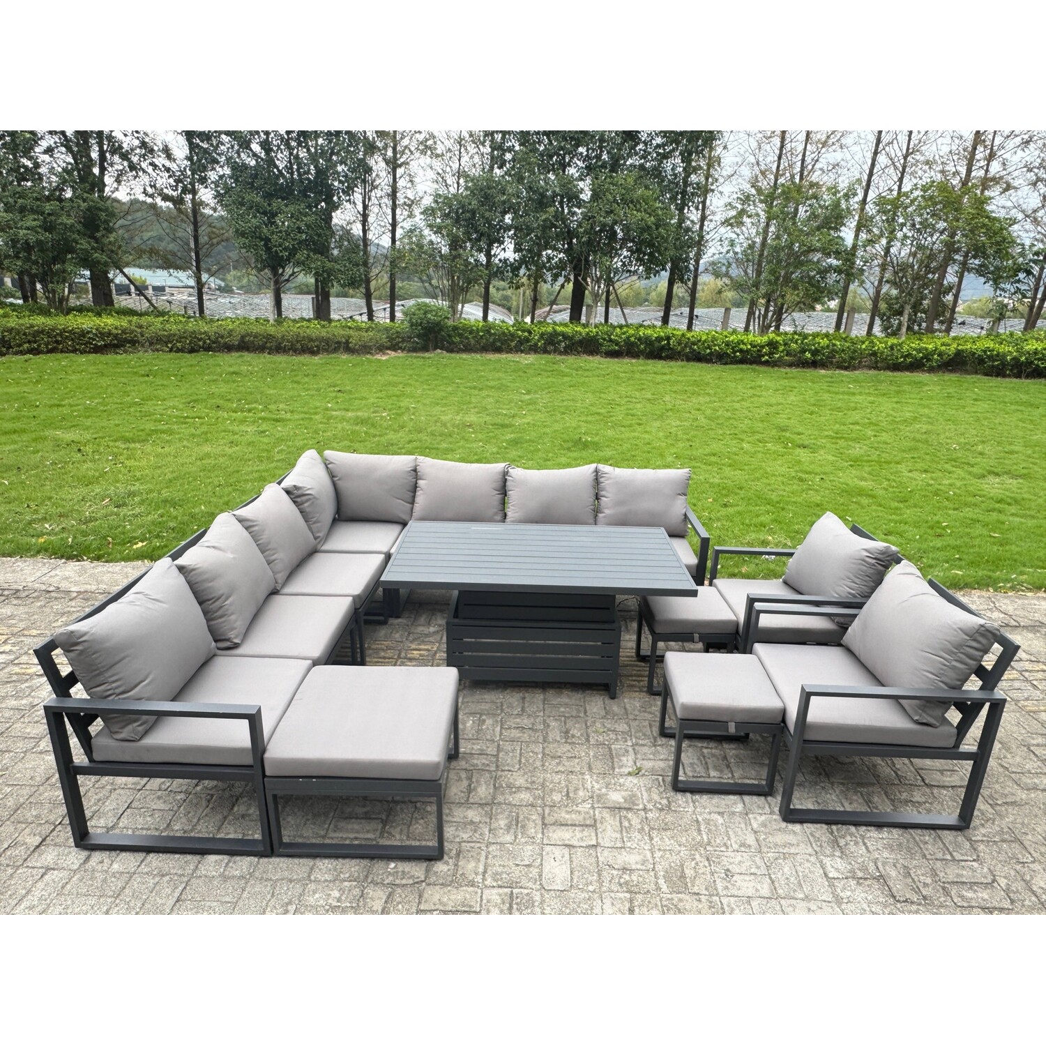 Fimous L-Shaped Garden Furniture Set 12-Seater Aluminium Outdoor Dining Set With Adjustable Rising Lifting Dining Table 3 Footstools 2 Chairs Dark Gre - Image 3