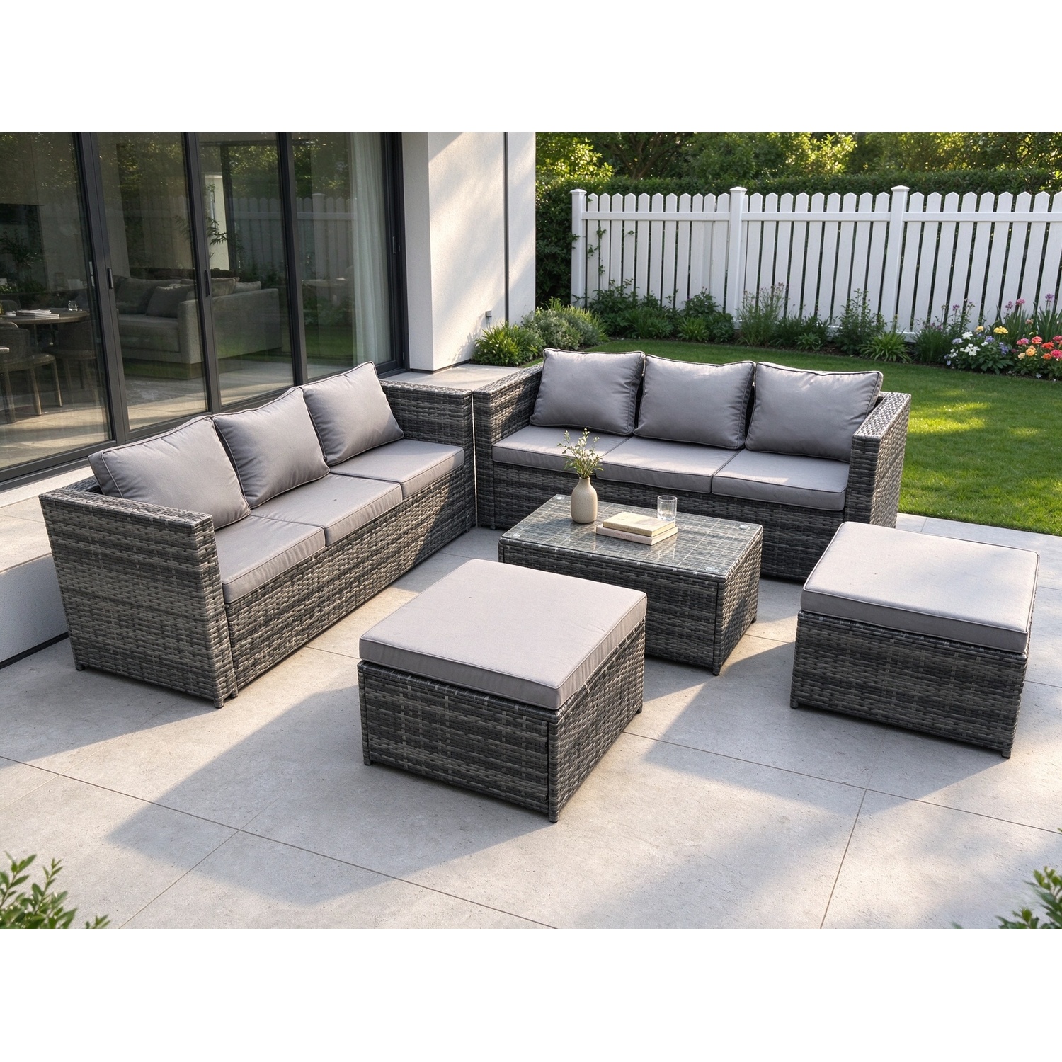 Fimous Dark/Grey 8 Seater Rattan Garden Furniture Set With 2 Sofas, Coffee Table & 2 Large Footstools - Image 2