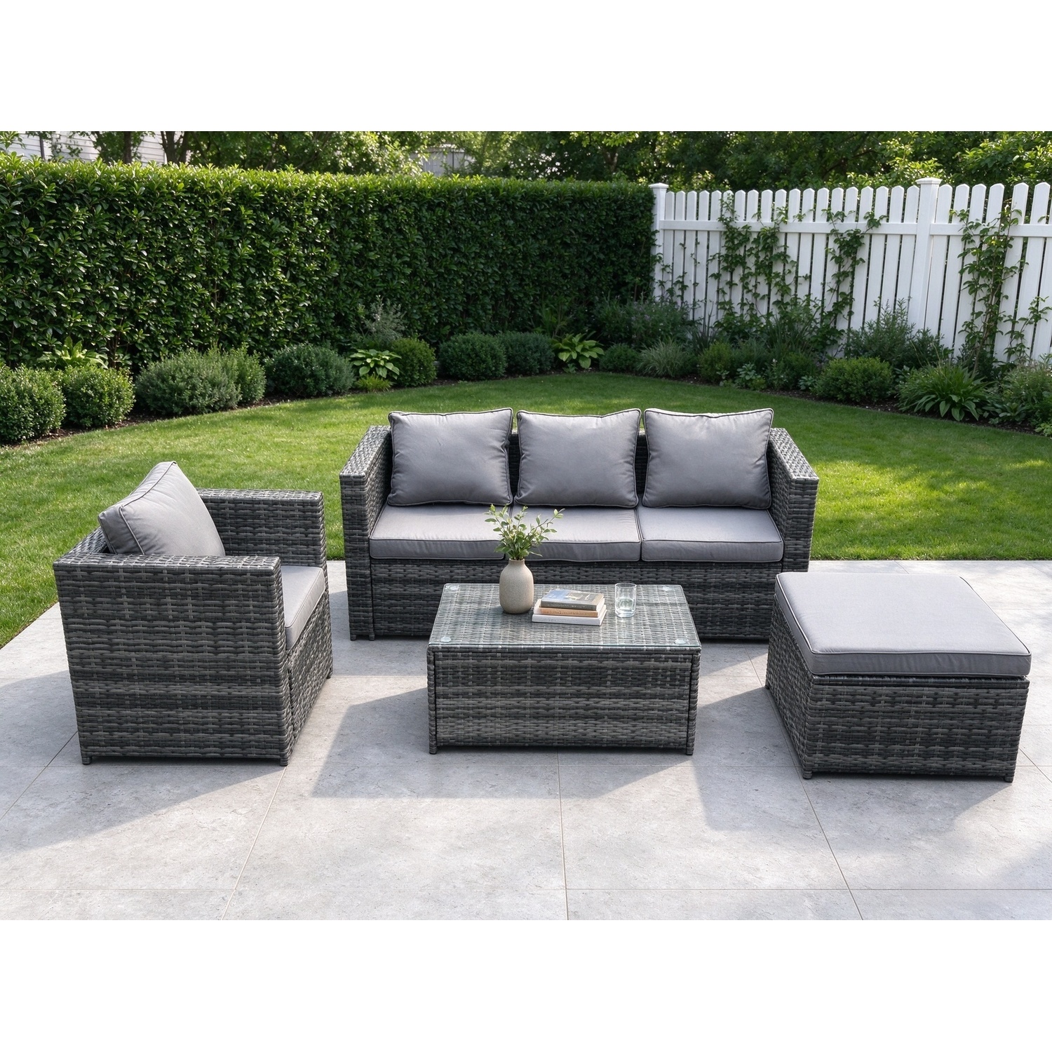 Fimous Dark/Grey 4 Pcs Outdoor Lounge Sofa Set Wicker Pe Rattan Garden Furniture Set With Armchair Oblong Coffee Table Big Footstool Mixed - Image 2