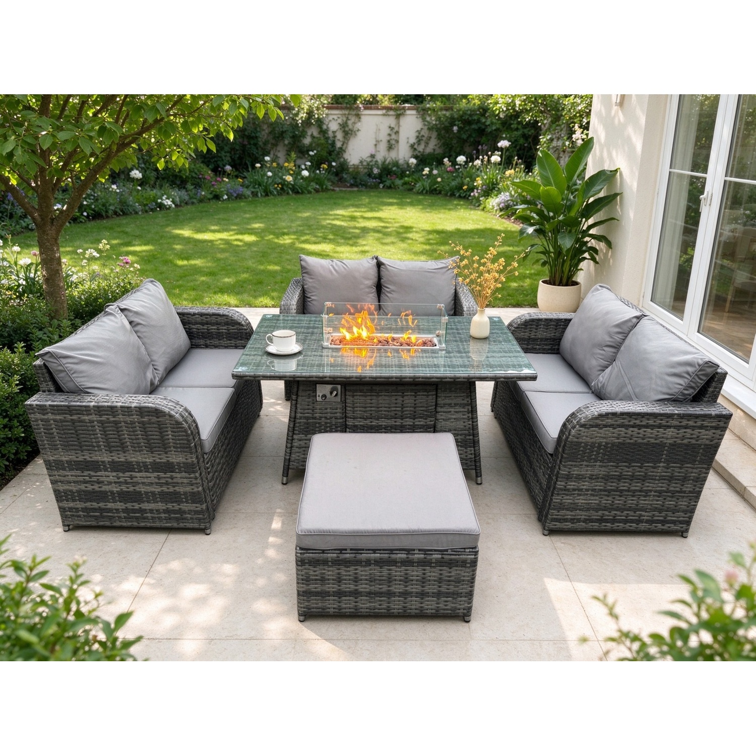 Fimous Unisex Dark Grey Rattan Outdoor Garden Furniture Sofa Set Gas Fire Pit Dining Table Gas Heater With Love Sofa Big Footstool Mixed Size 1 - Image 2