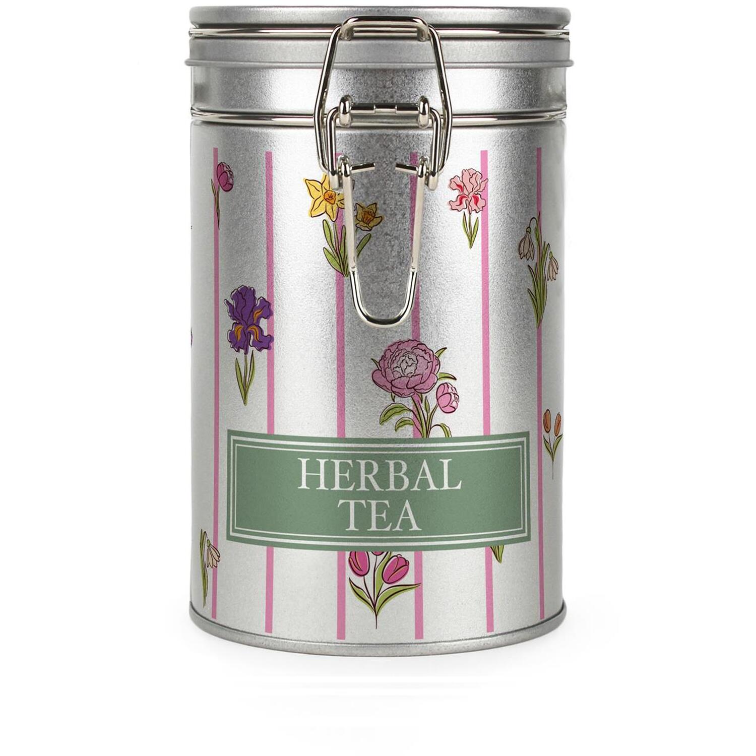 Purely Home Floral Stripes Herbal Tea Canister - Silver Metal Kitchen Storage Container - Multicoloured