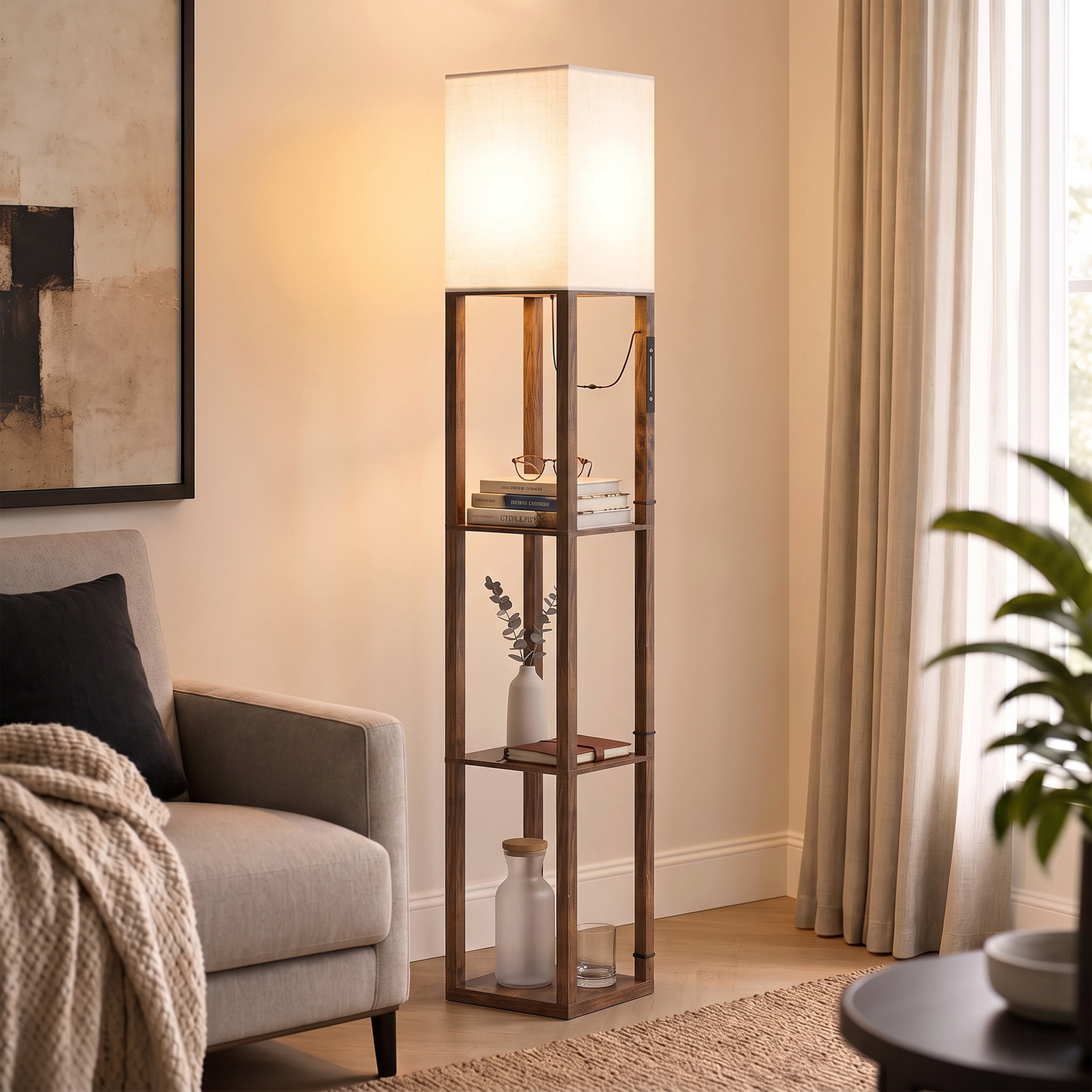 Homcom Unisex Brown 3-Tier Floor Lamp With Shelves, Tall Standing Lamp For Bedroom In Size 3 - Image 2