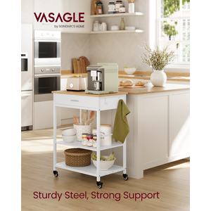 VASAGLE Rolling Kitchen Cart with Drawer, Storage Trolley on Wheels, 2 Hooks, for Dining Room