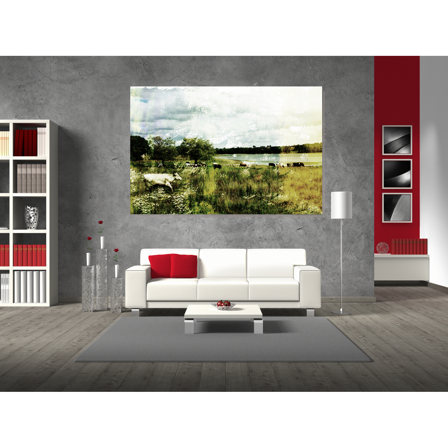 CountrySide Vintage Cow Art Print Wrapped on Canvas - Green / 46cm