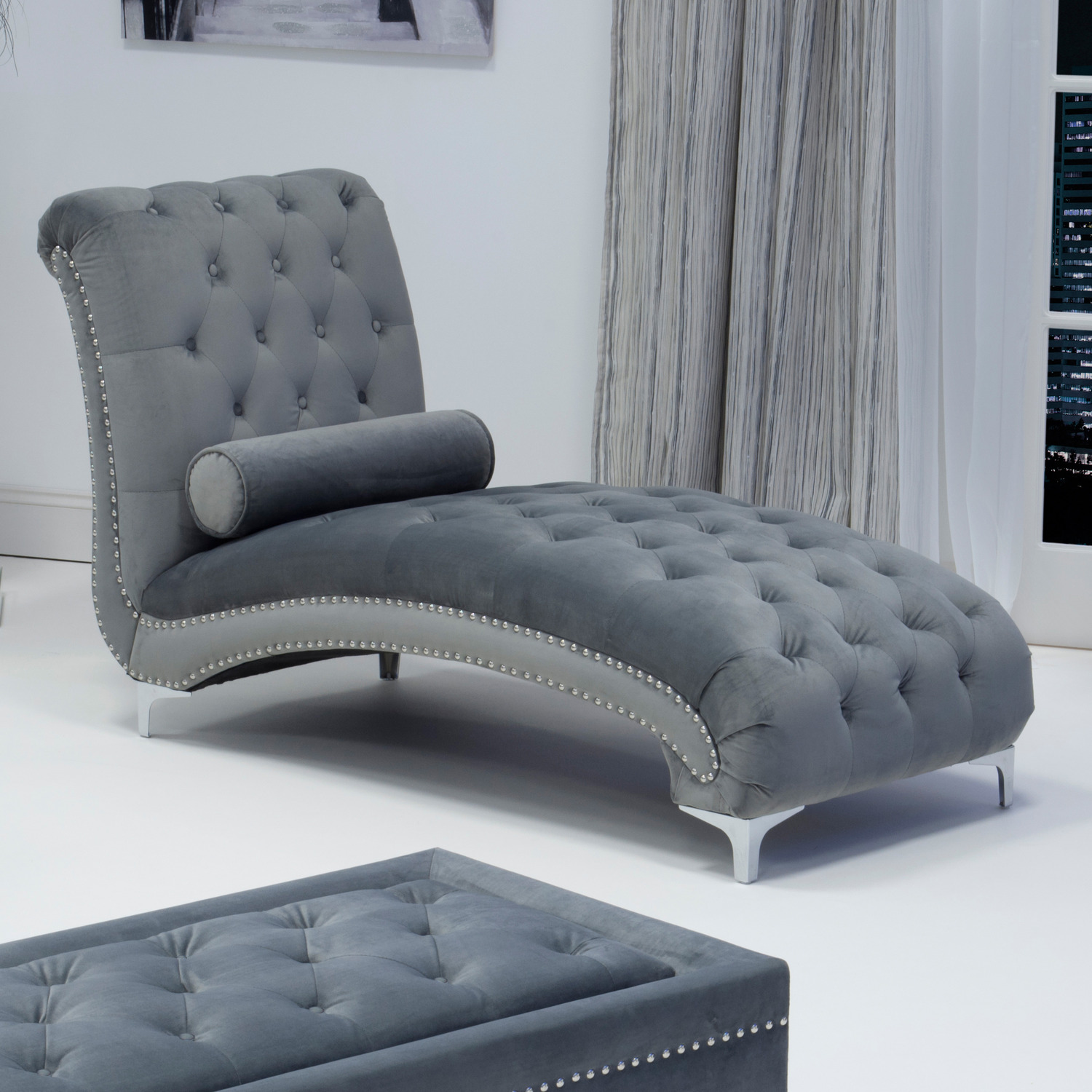 Shankar - Dorchester Brushed Velvet Grey Chaise - Grey thumbnail