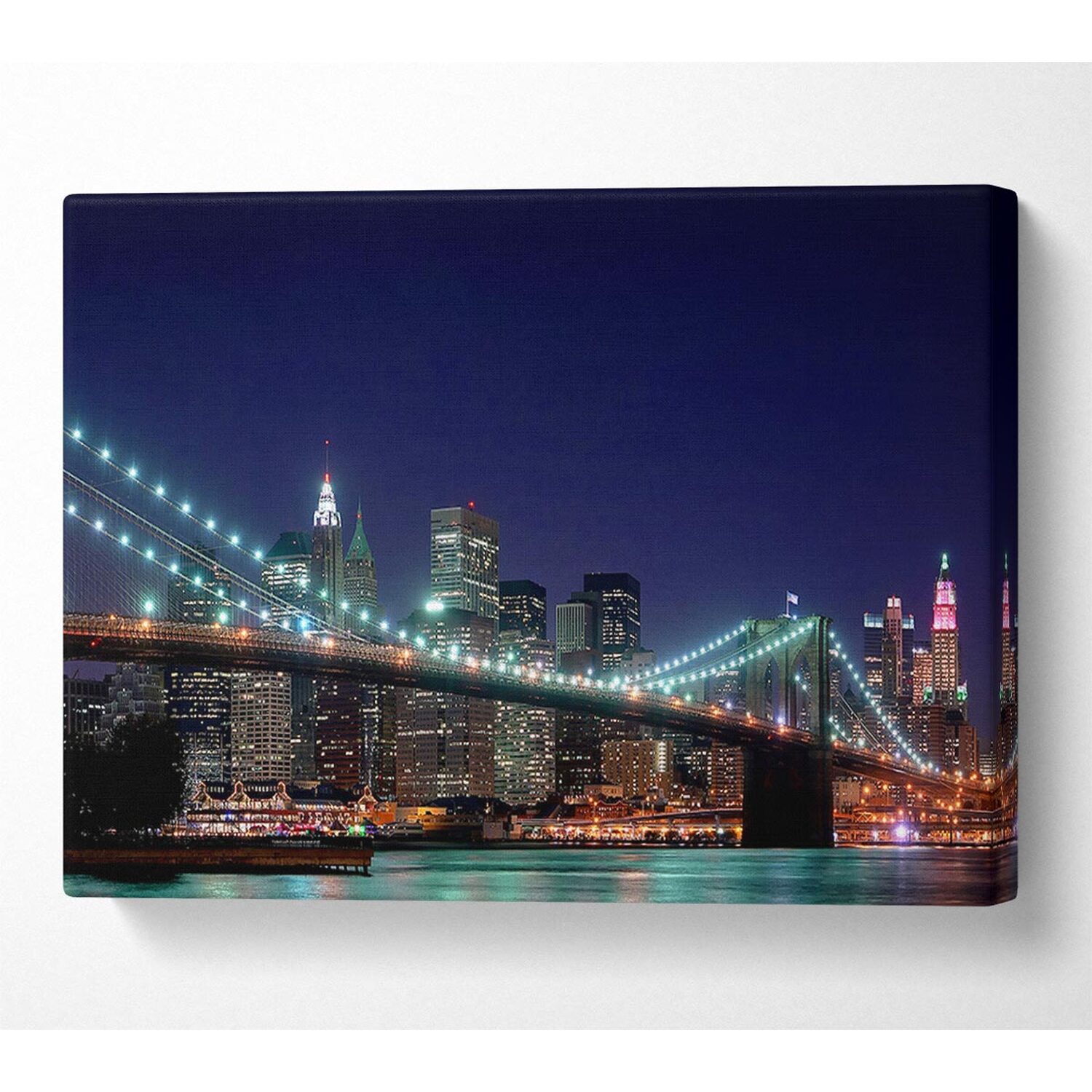 Wallart-Direct - Brooklyn Bridge New York Lights Canvas Print Wall Art - Yellow / 101.6cm thumbnail