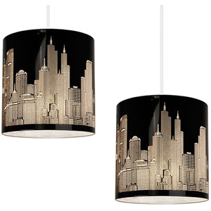 Pair Of Modern Gloss Black New York Skyline Ceiling Pendant Shades