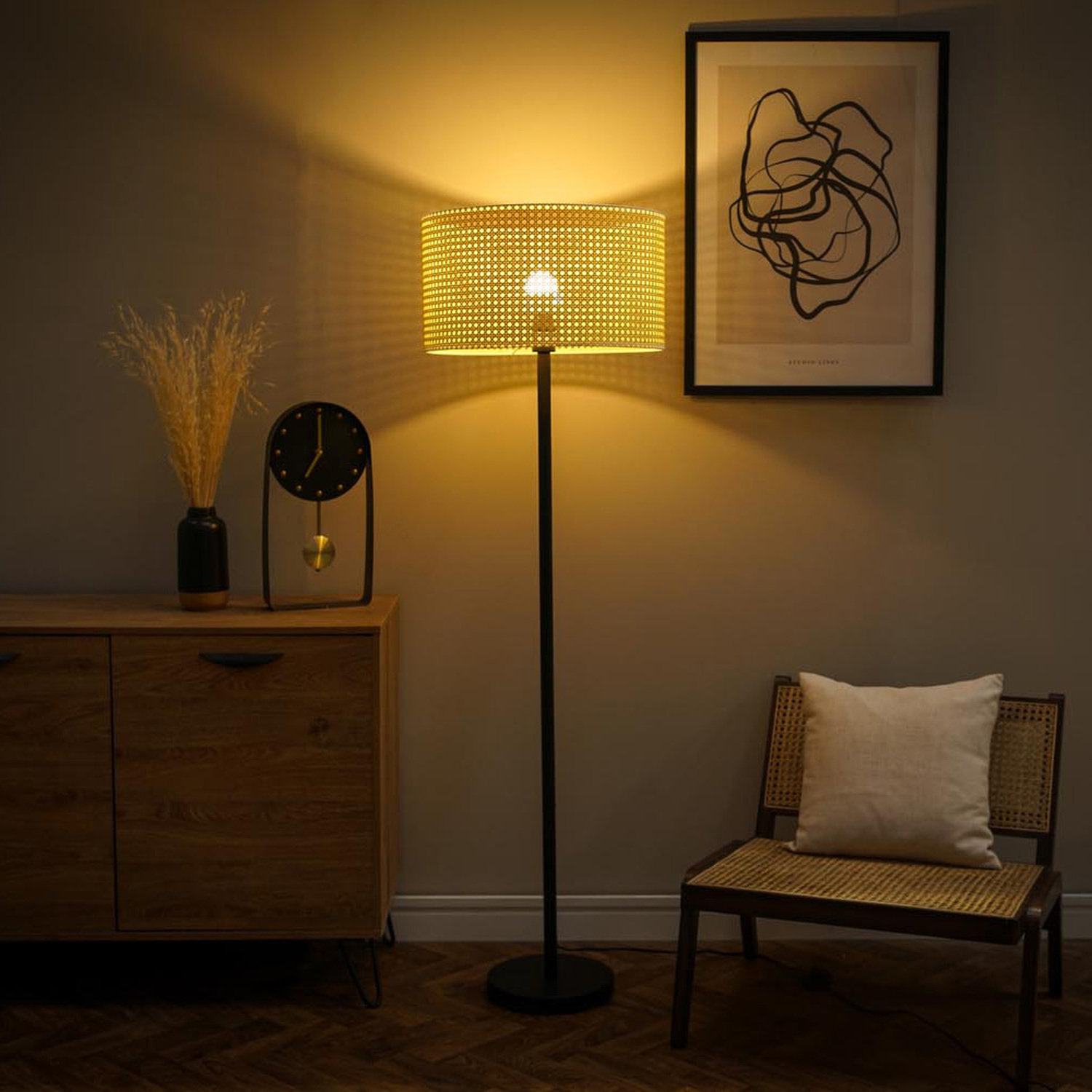 Charlie Floor Lamp With Natural Wicker Shade - Black