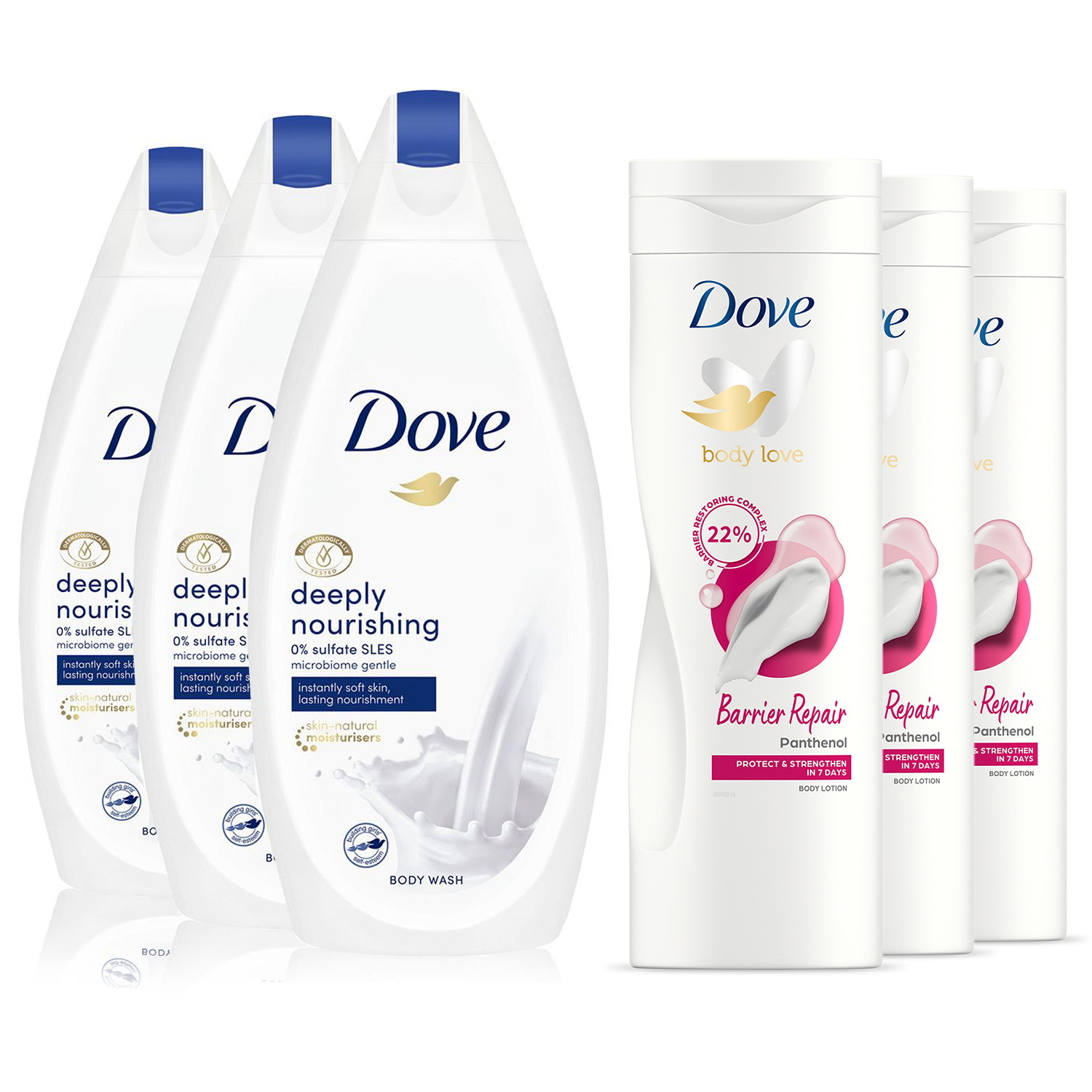 Dove Deeply Nourishing Body Wash 3x450ml with Intensive Body Care Lotion 3x400ml - White