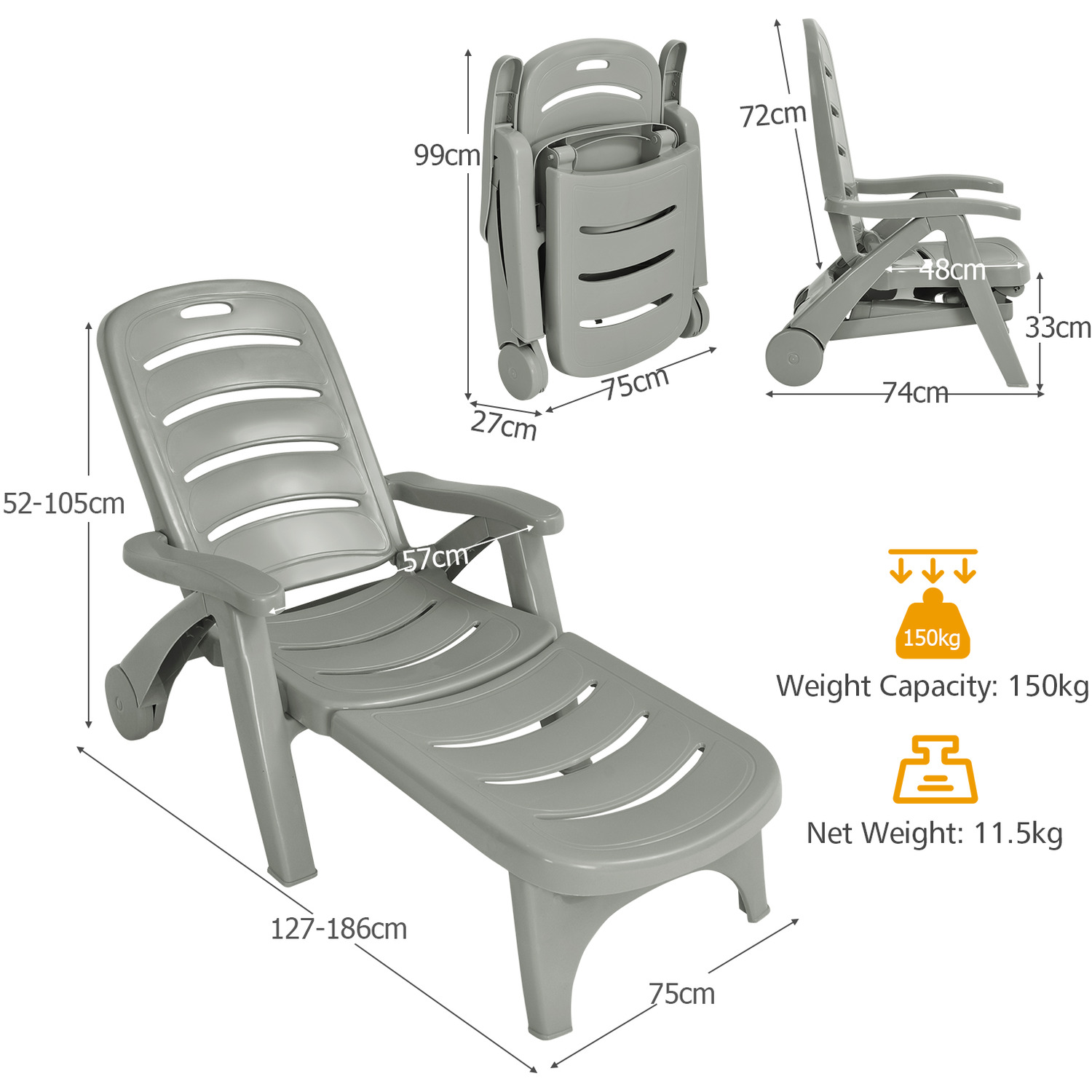 Folding Reclining Chair Chaise Lounge - Grey