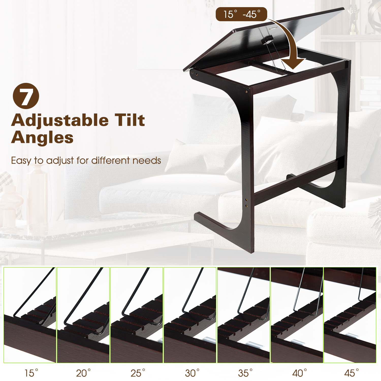 C-shaped Bamboo Sofa Side Table Tilting Top Tv Tray Table - Dark Brown