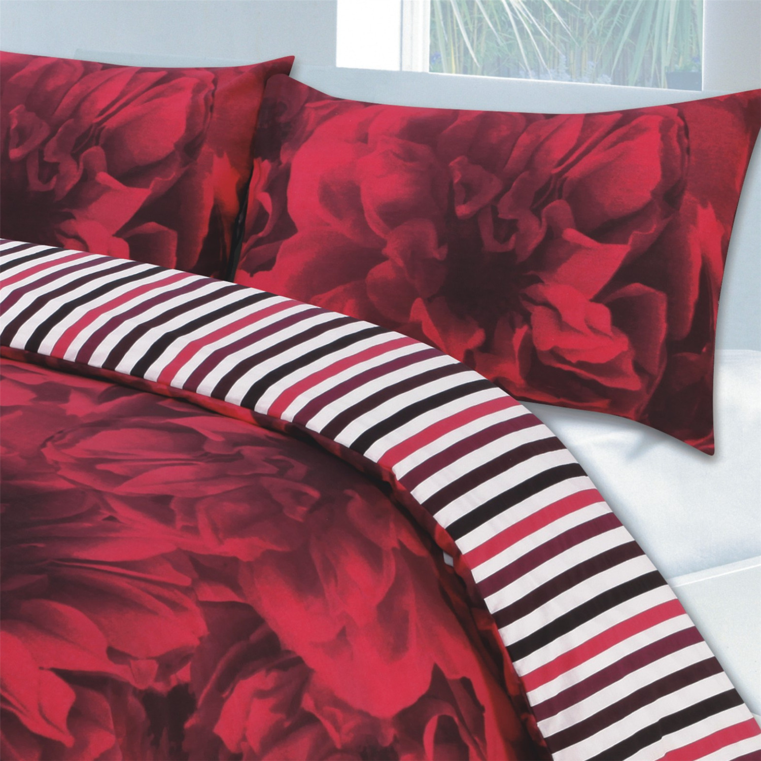 Rose Stripe Duvet Cover Set - Red Super King
