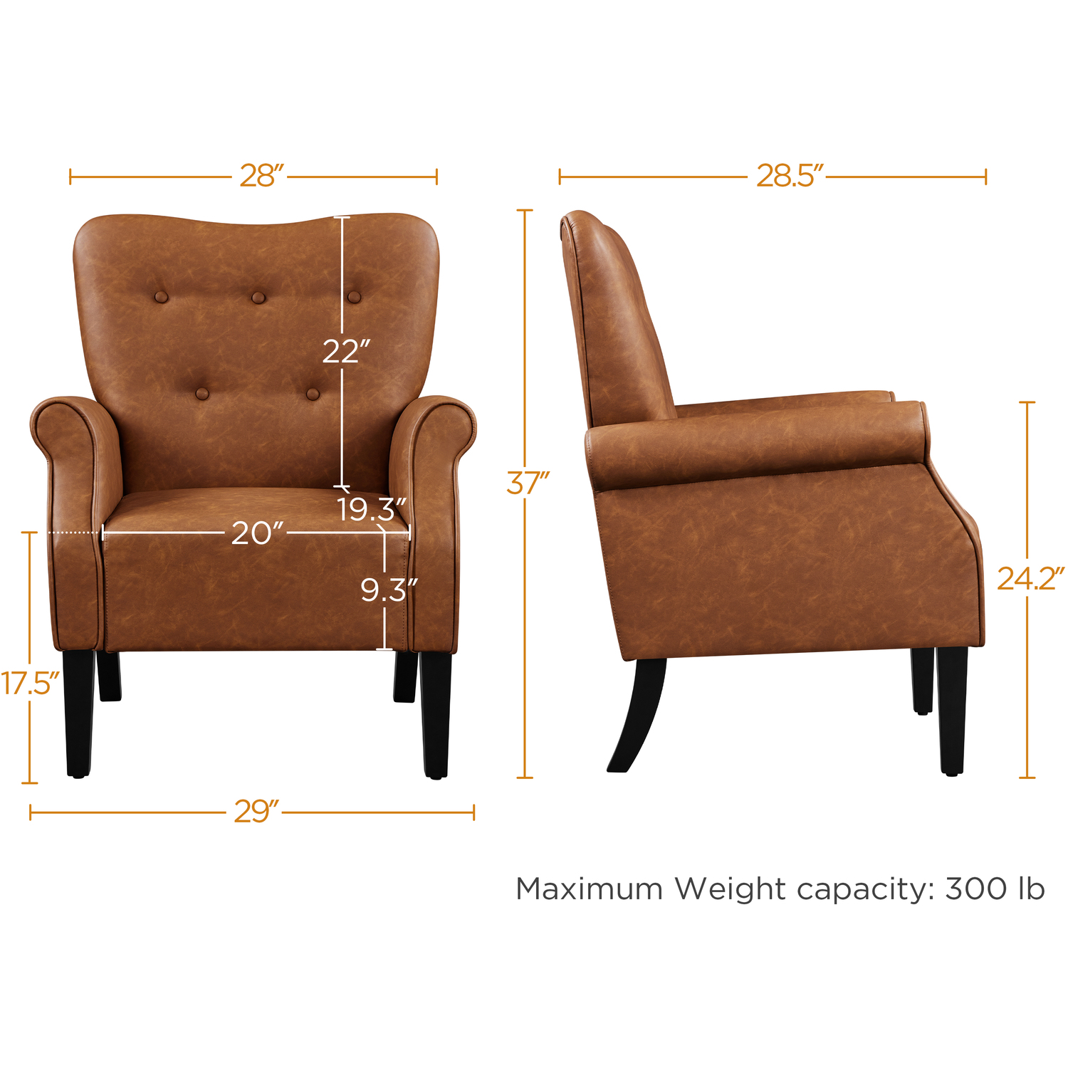Mid-century Modern Faux Leather Accent Chair With Roll Arms - Retro Brown