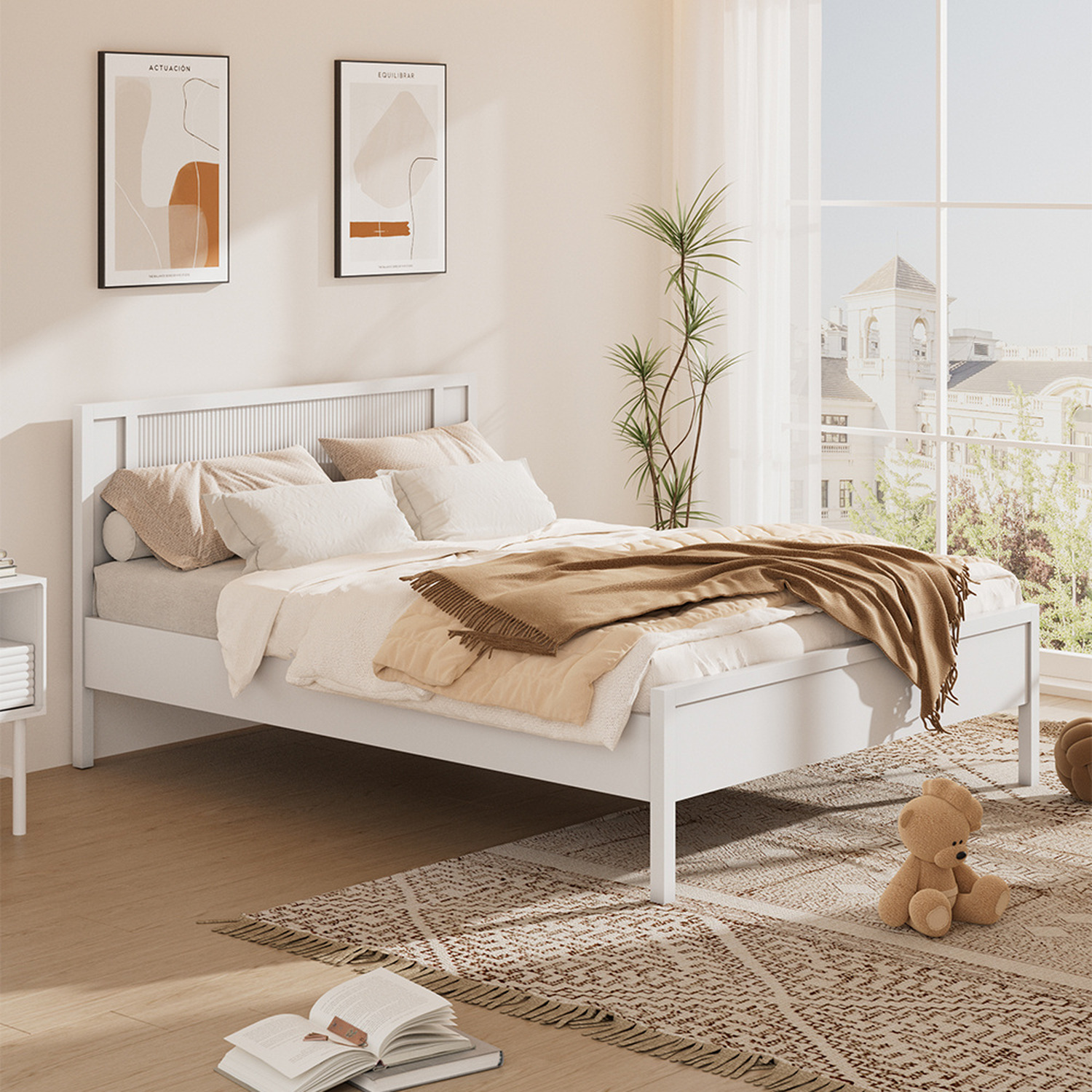 Wooden Bed Frame With Dual Row White Stripes - White
