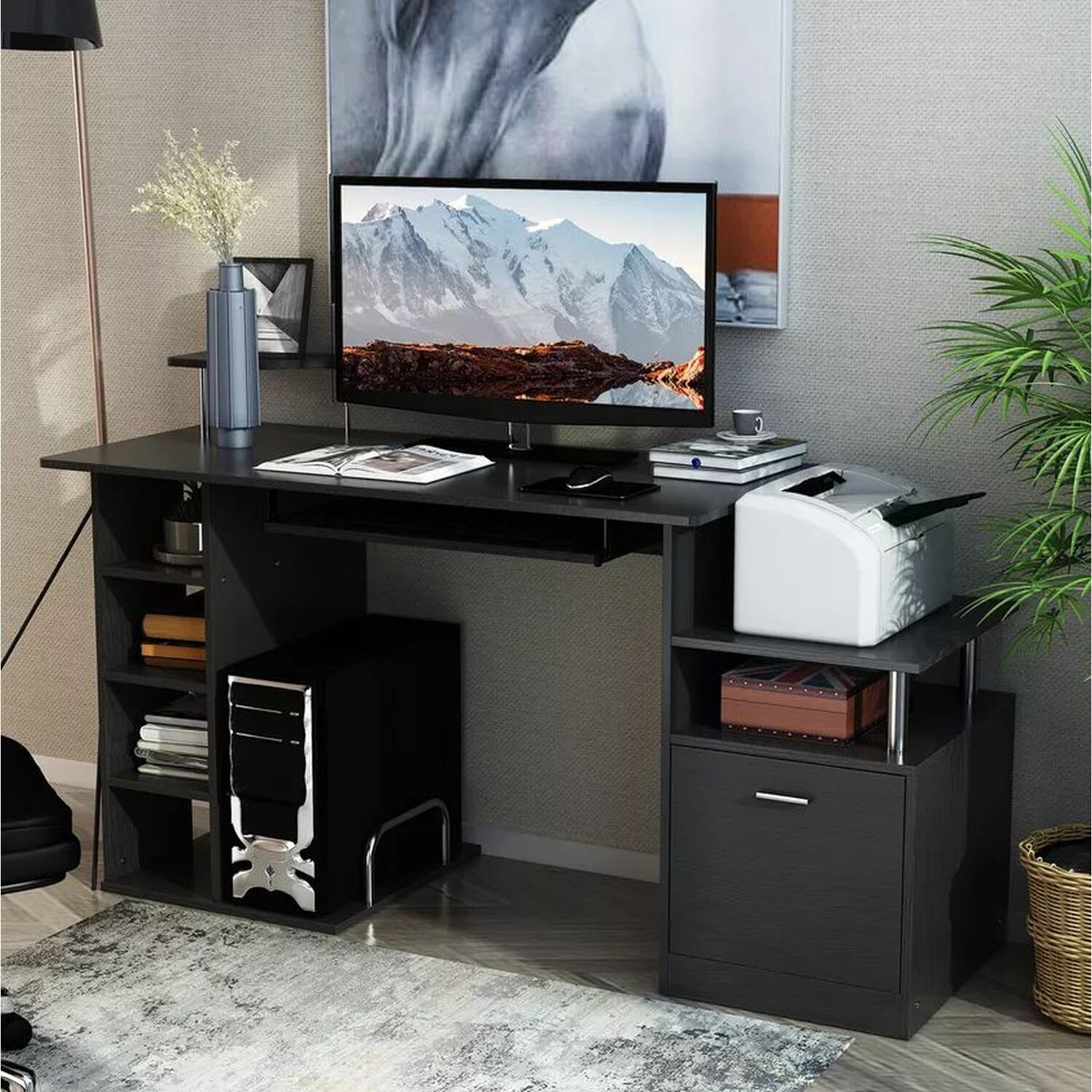 Modern Computer Desk With Drawers - Black