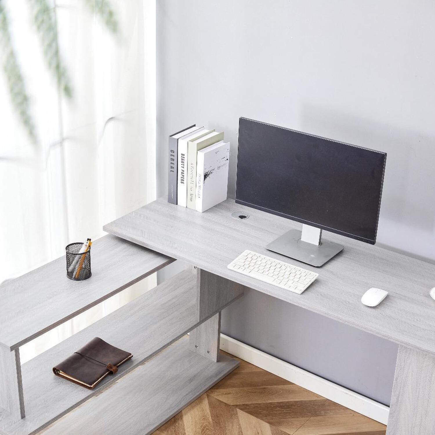 Office Desk L-shaped Shelves With Drawers - Grey