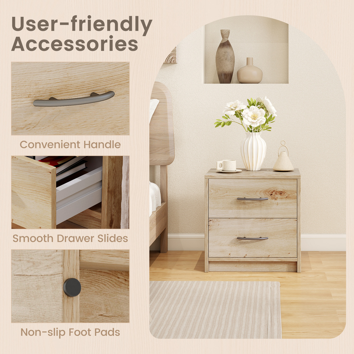 2-drawer Nightstand Modern Bedside Table - Brown