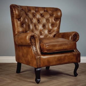 Genuine Leather High Back Arm Chair Brown Tan
