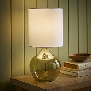 Emily Glass Table Lamp with Natural Linen Drum Shade and LED Bulb